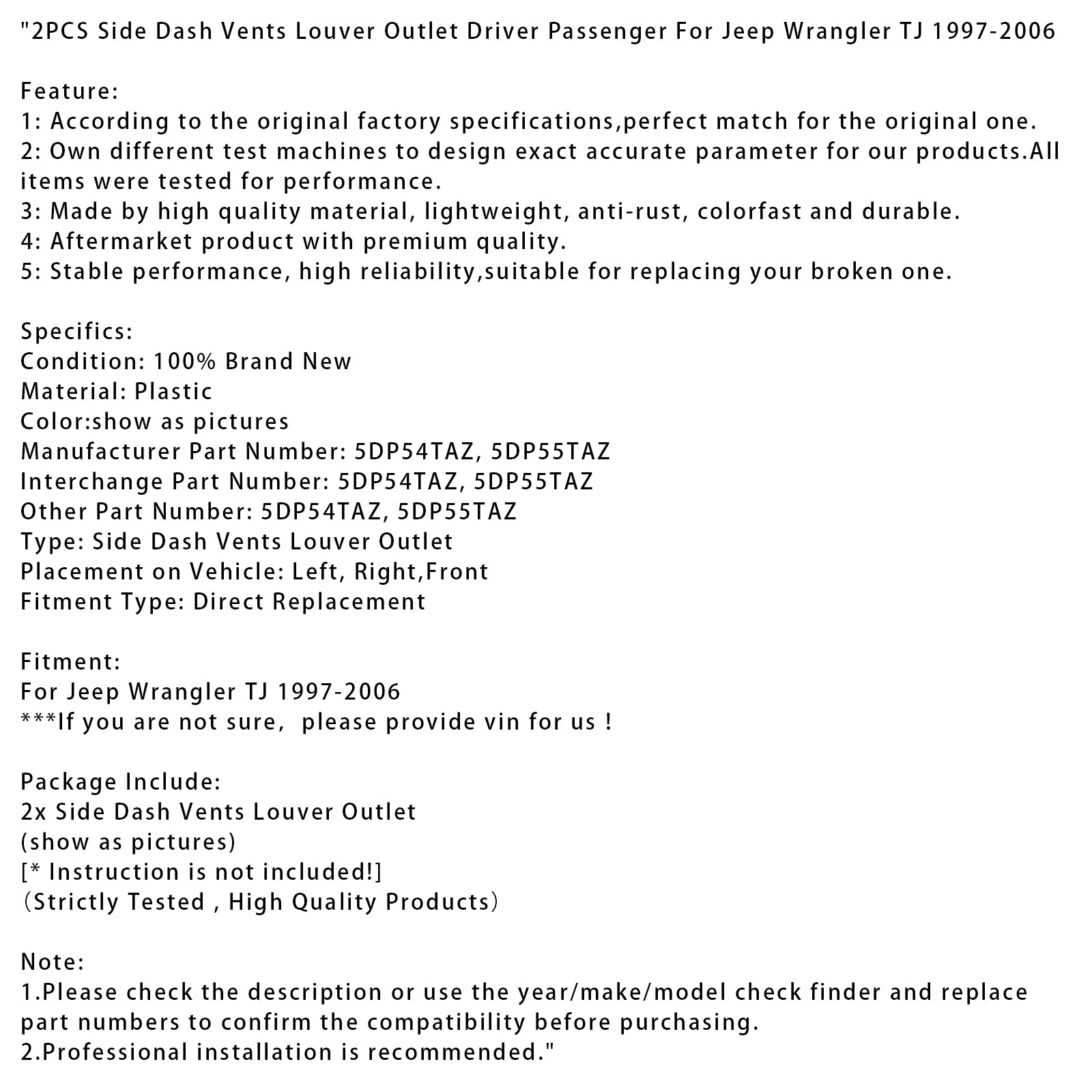1997-2006 Jeep Wrangler TJ 2PCS Aérateurs latéraux pour tableau de bord Sortie d'air Conducteur Passager