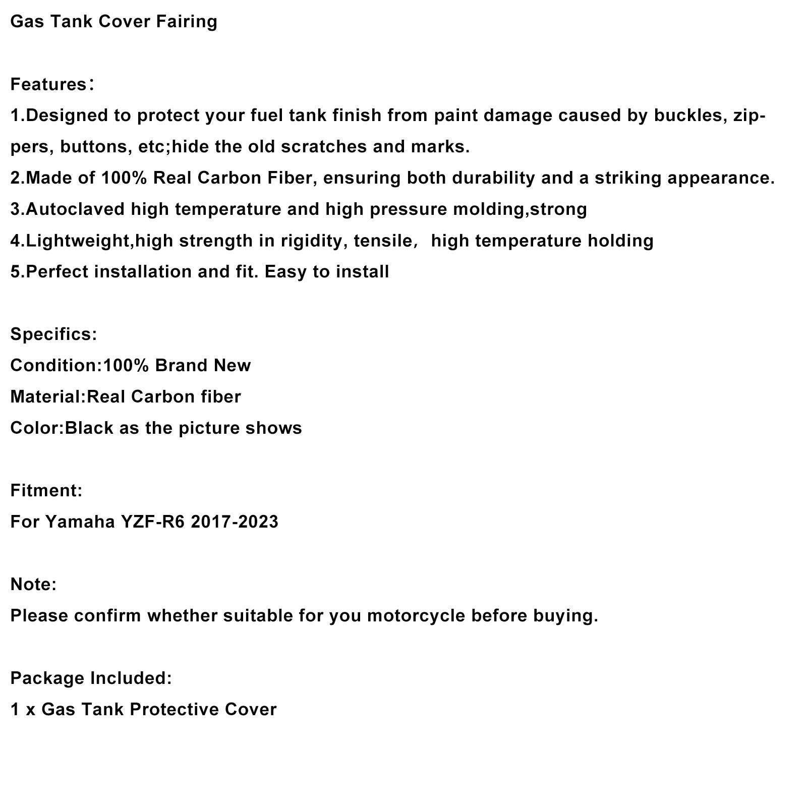 Carénage de réservoir en fibre de carbone véritable pour Yamaha YZF R6 (2017-2023)