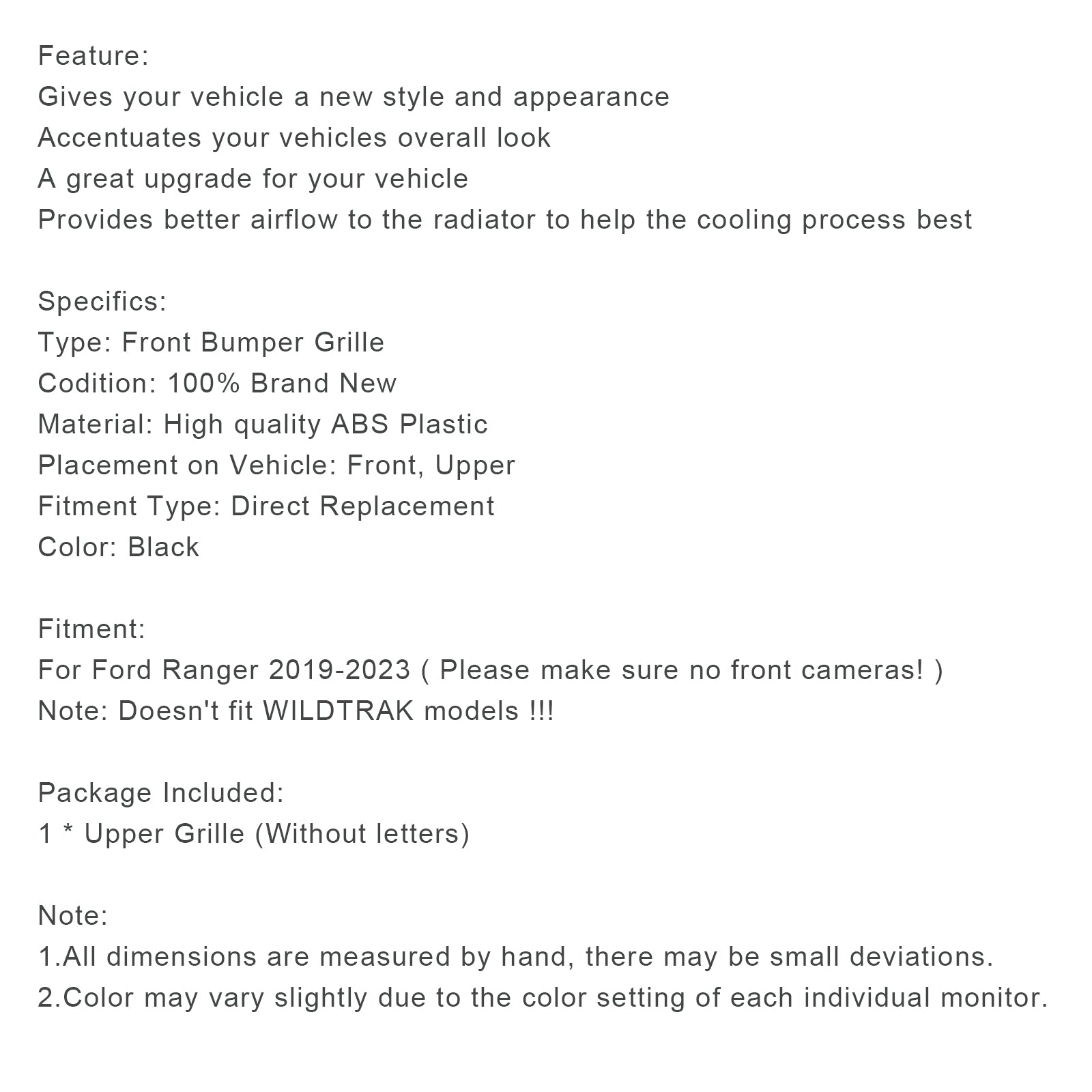 Grille de pare-chocs avant noire pour Ford Ranger T8 2019-2023