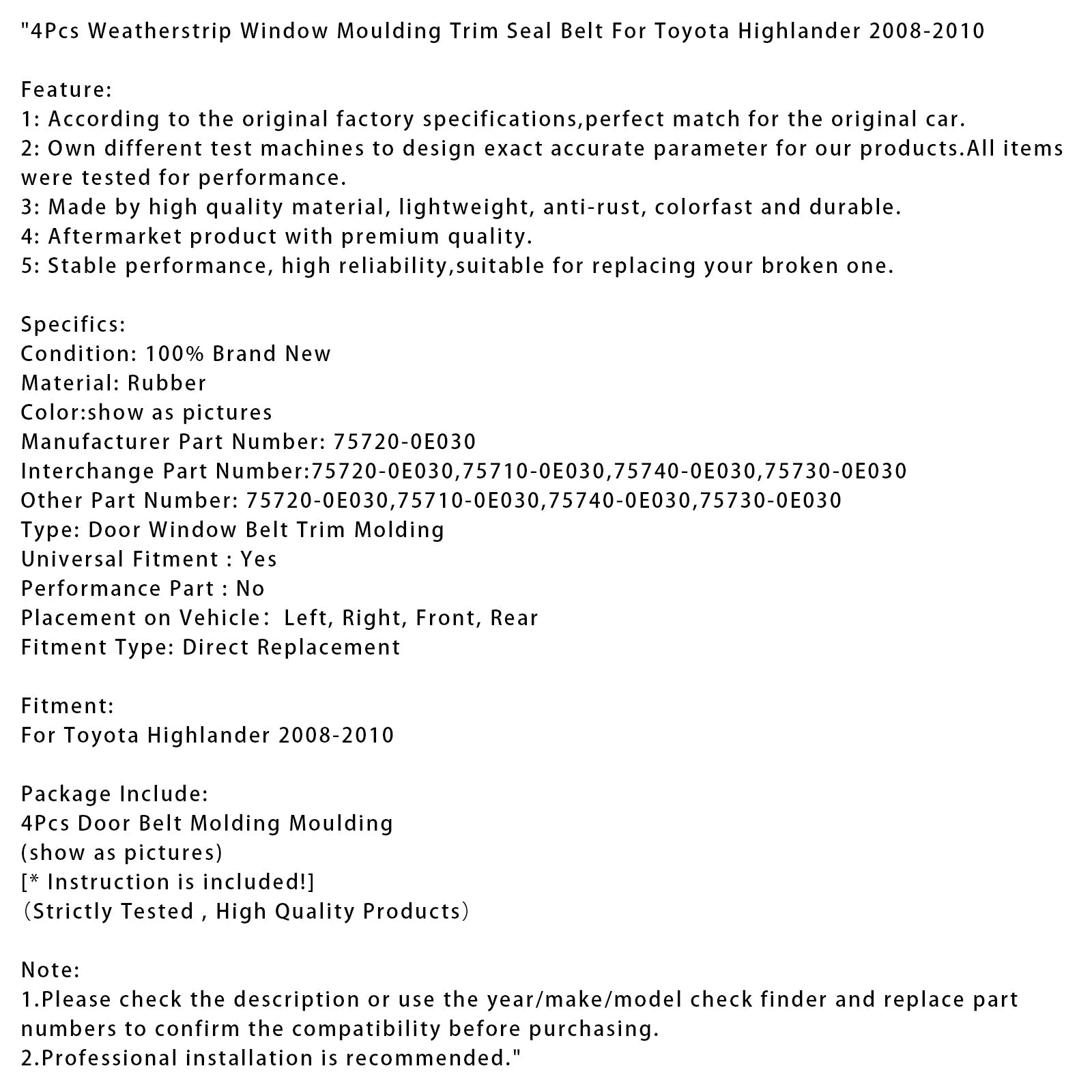 Uszczelnienie do listwy okien i pasów dla Toyota Highlander 2008-2010 (4 pokoje)