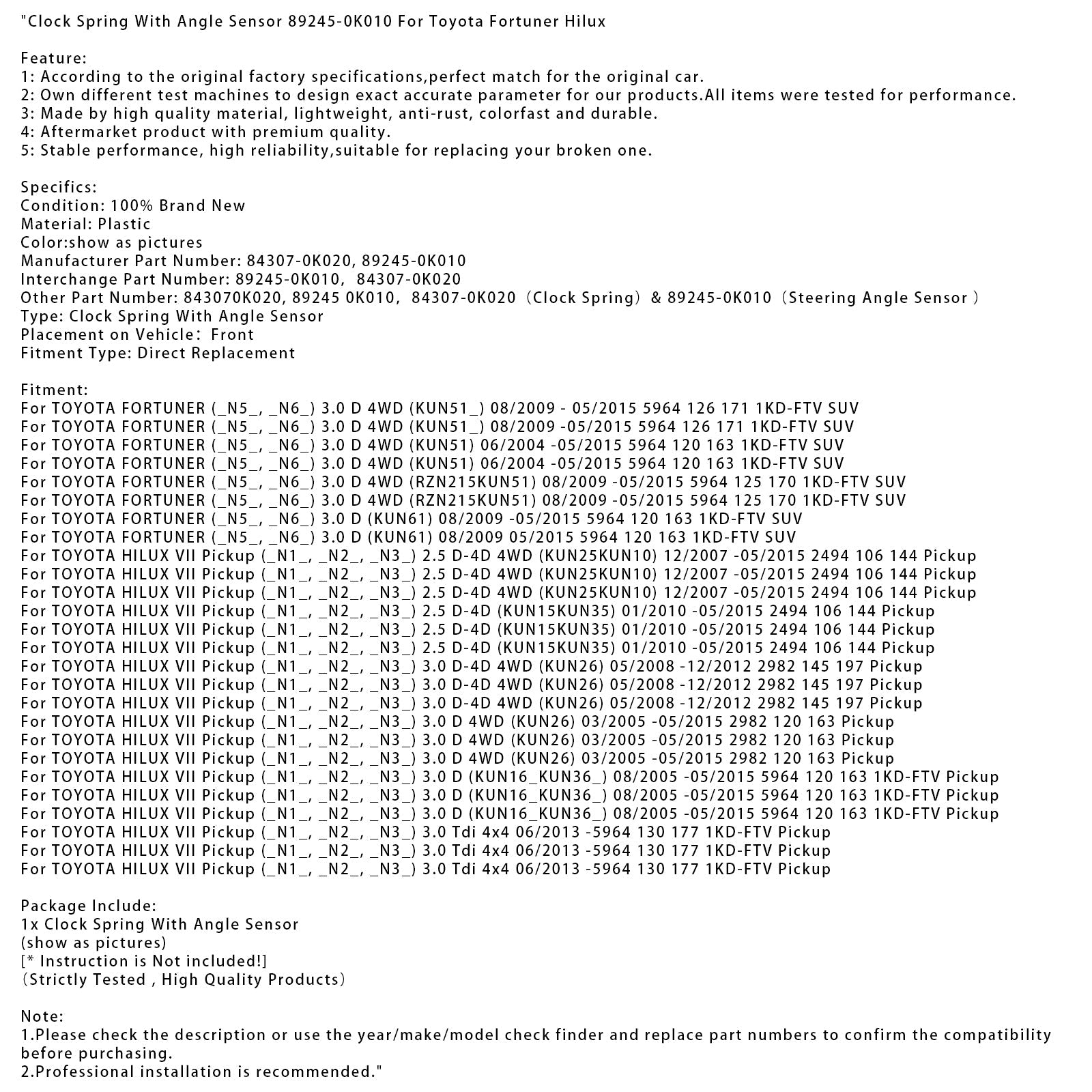 Resorte de retorno con sensor de ángulo 89245-0K010 para Toyota Fortuner Hilux