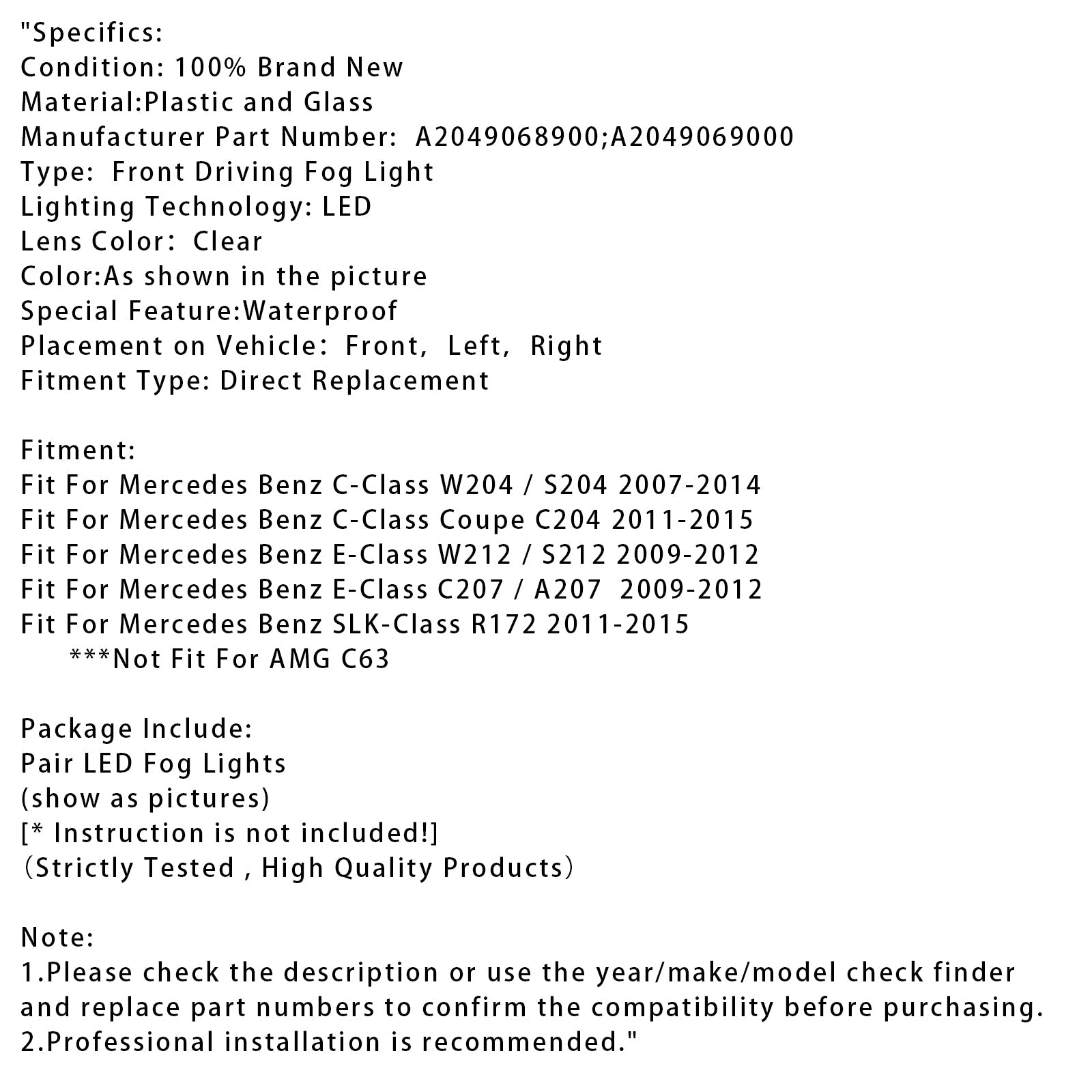 Paire de feux antibrouillard diurnes à LED pour Mercedes Benz W204 S204 W212 2007-2014