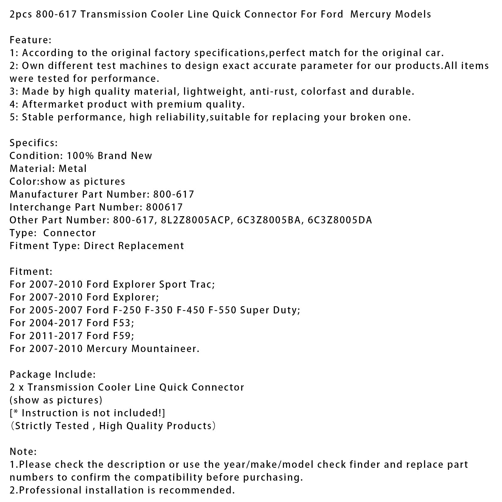 Szybkie złącze chłodzenia transmisji jazdy 800-617, 2 pokoje, dla modeli Ford Mercury
