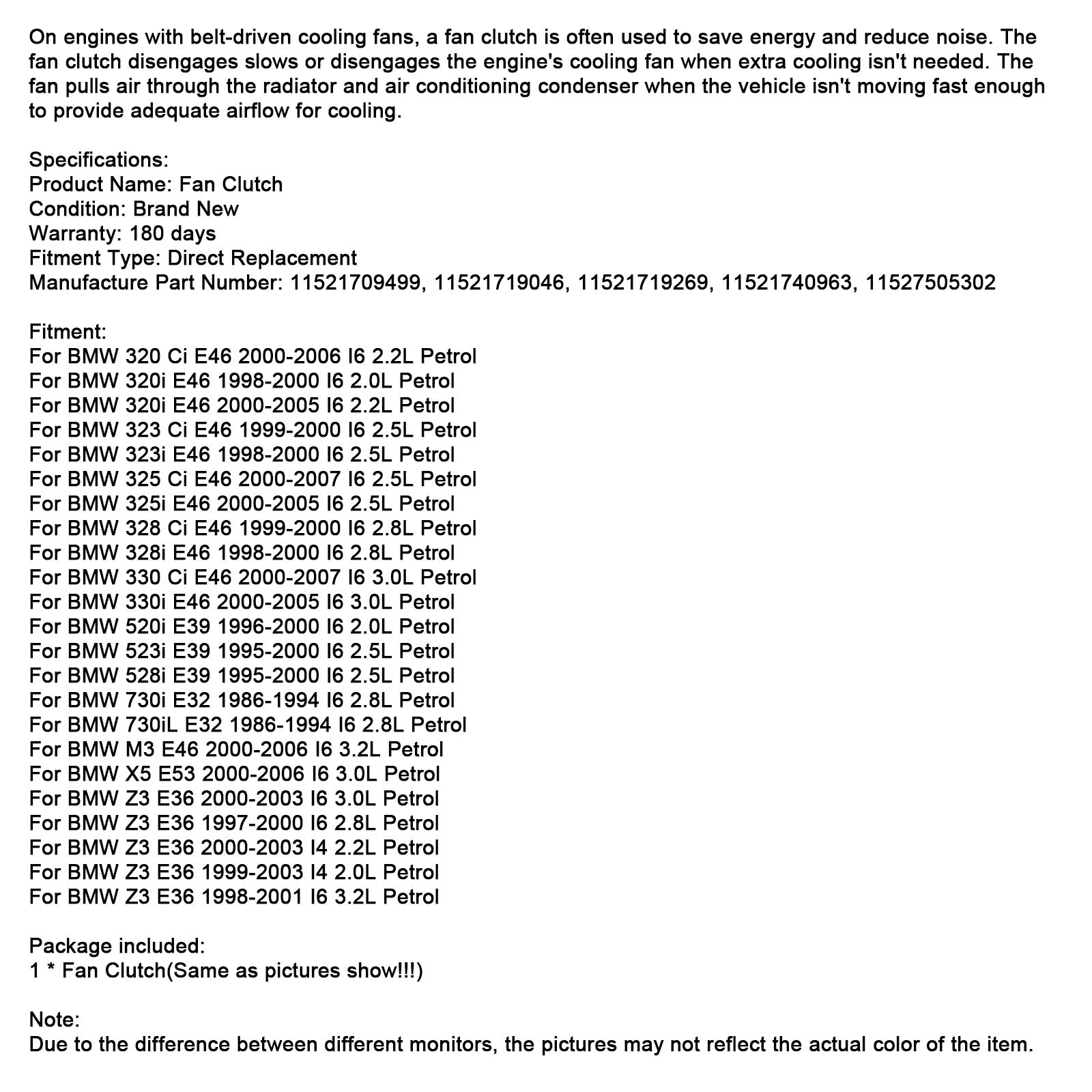 1999-2000 BMW 323 Ci E46 I6 2.5L Embrayage de ventilateur de refroidissement de radiateur à essence 11521719269 11521719046