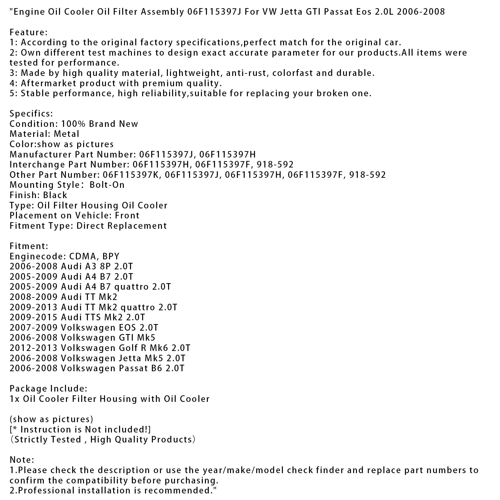 Gruppo filtro olio per radiatore'olio motore Volkswagen EOS 2.0T 2007-2009 06F115397J 06F115397H