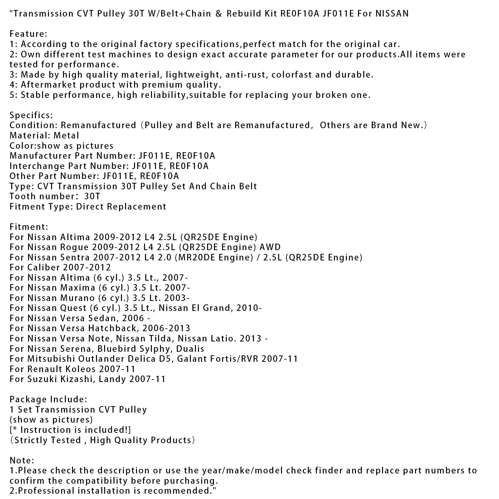 Nissan Altima 3.5 L 2007 (6 valjev) CVT prenos jermenic 30 zob z pasom in verigo, komplet za obnovo RE0F10A JF011E