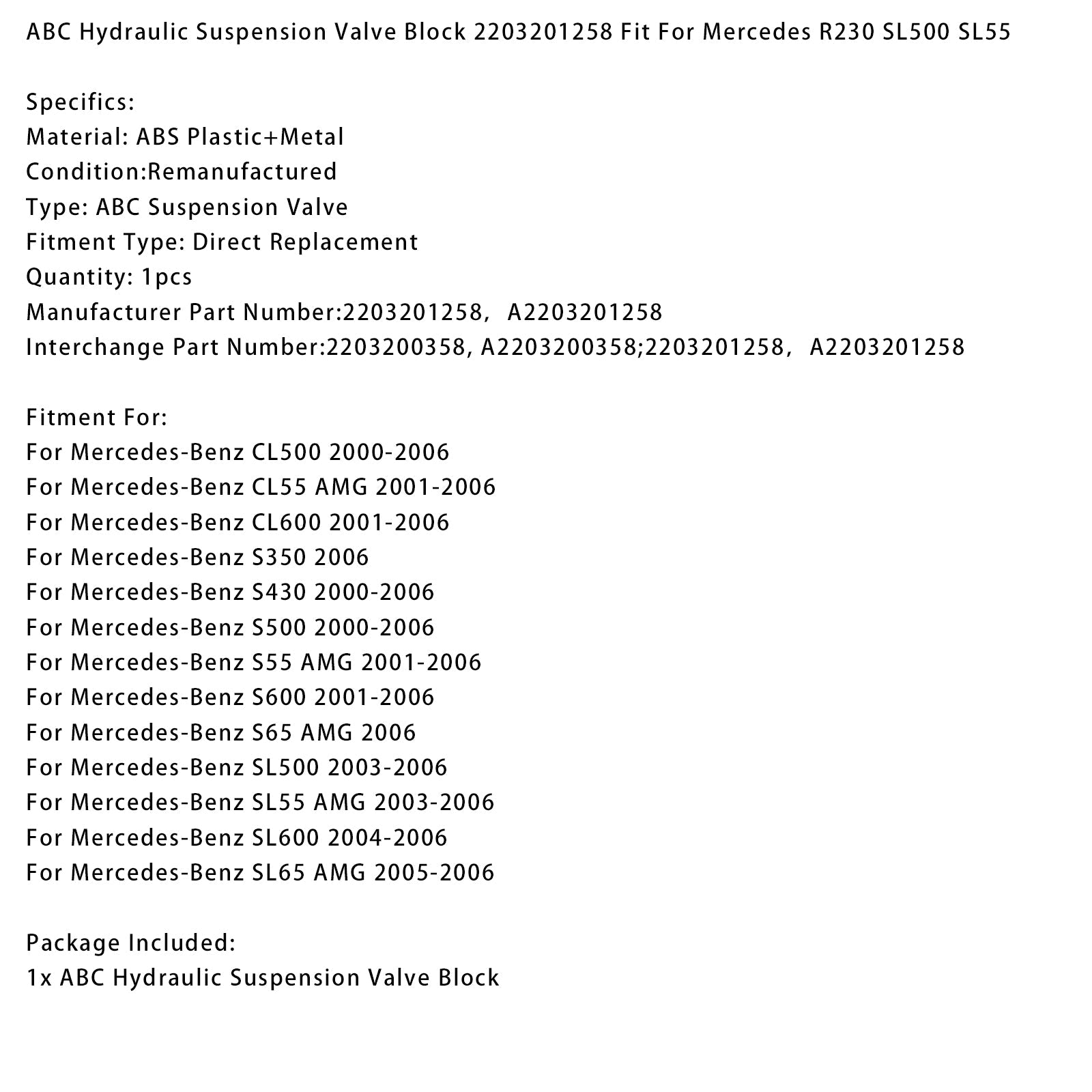 Blocco valvole sospensioni idrauliche ABC per Mercedes-Benz S600 (2001-2006) 2203201258