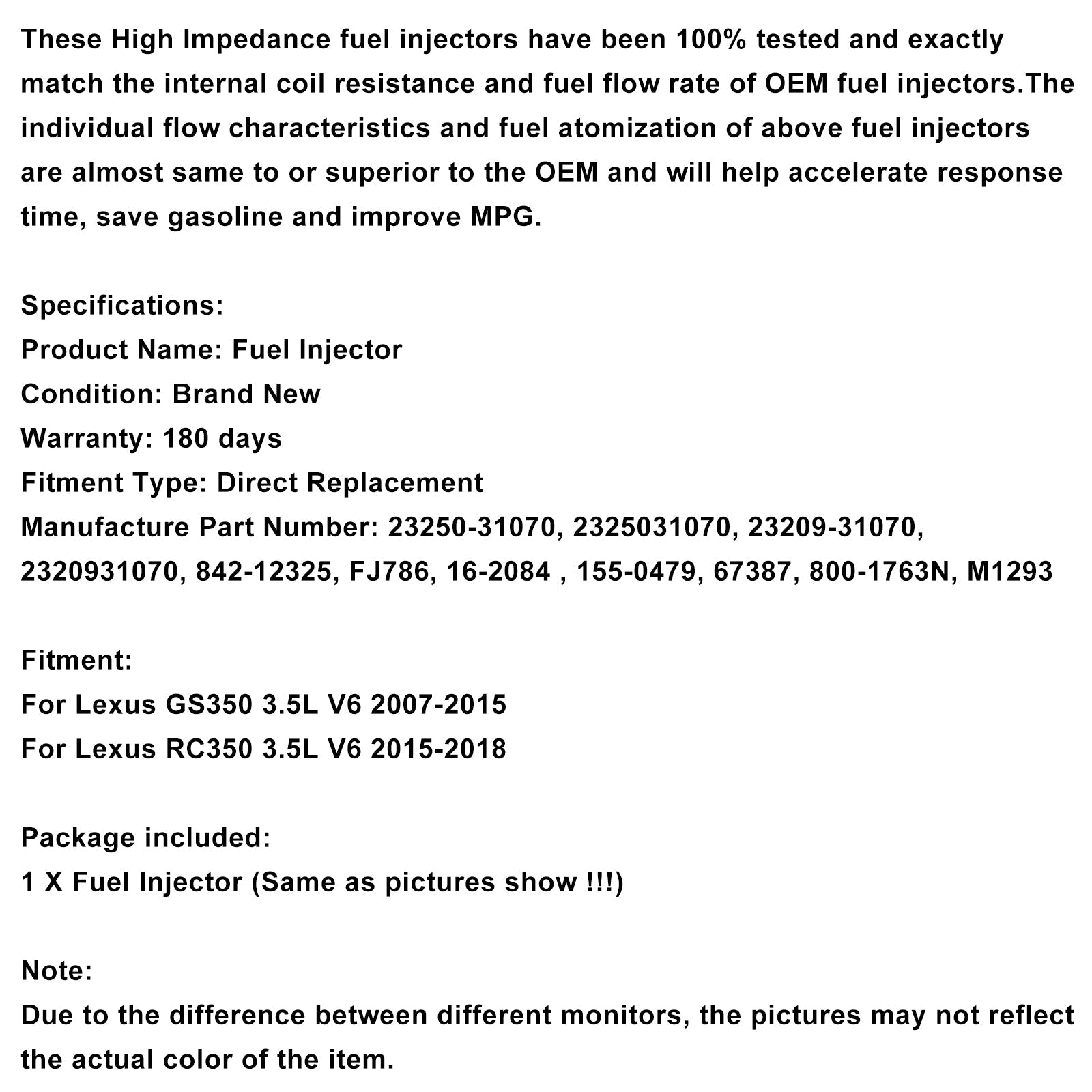 Iniettore di carburante 23250-31070 per Lexus GS350 3.5 L V6 2007-2015 e RC350