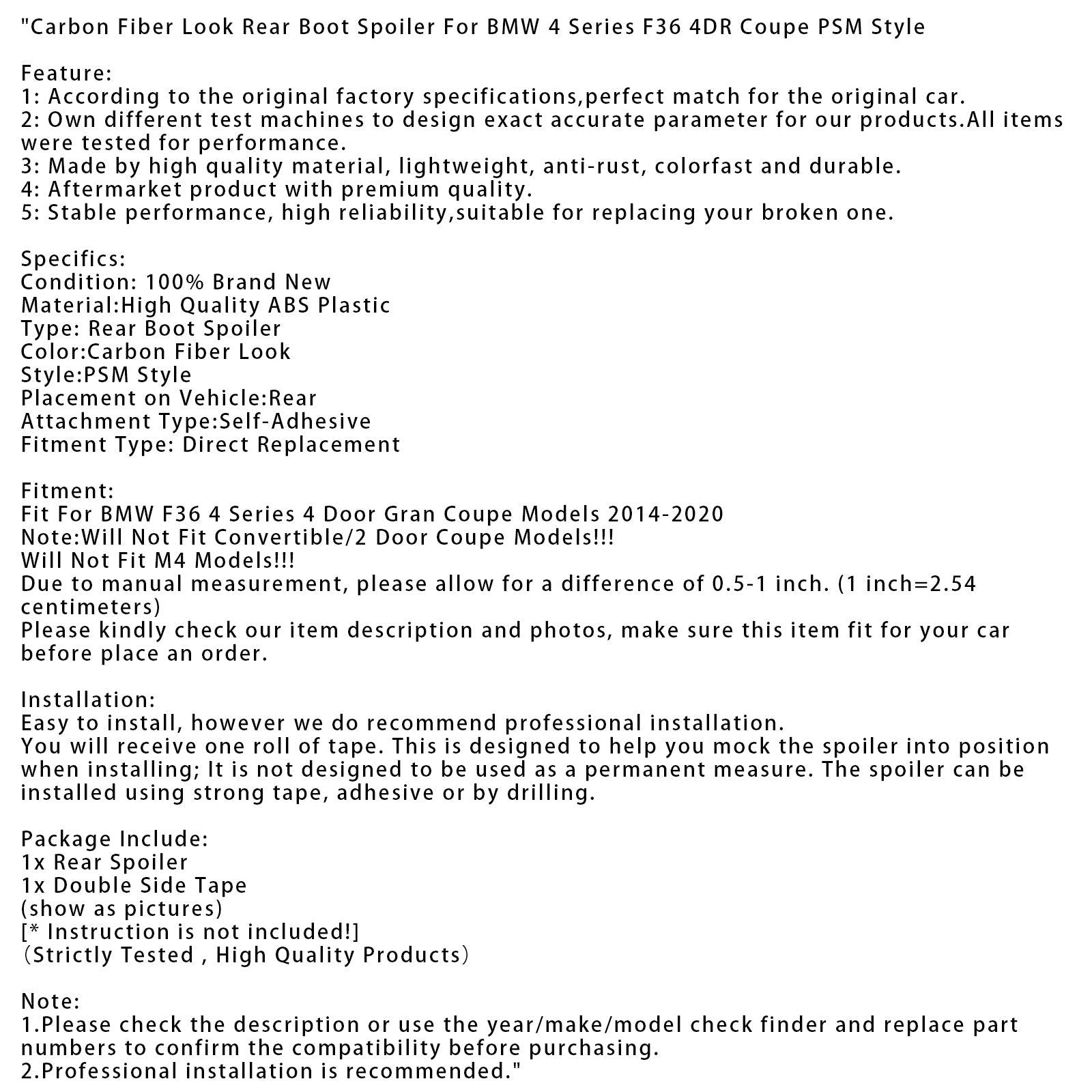 Tylny spojler bagażnika o wyglądzie włókna węglowego do BMW serii 4 F36 Coupe 4DR, styl PSM