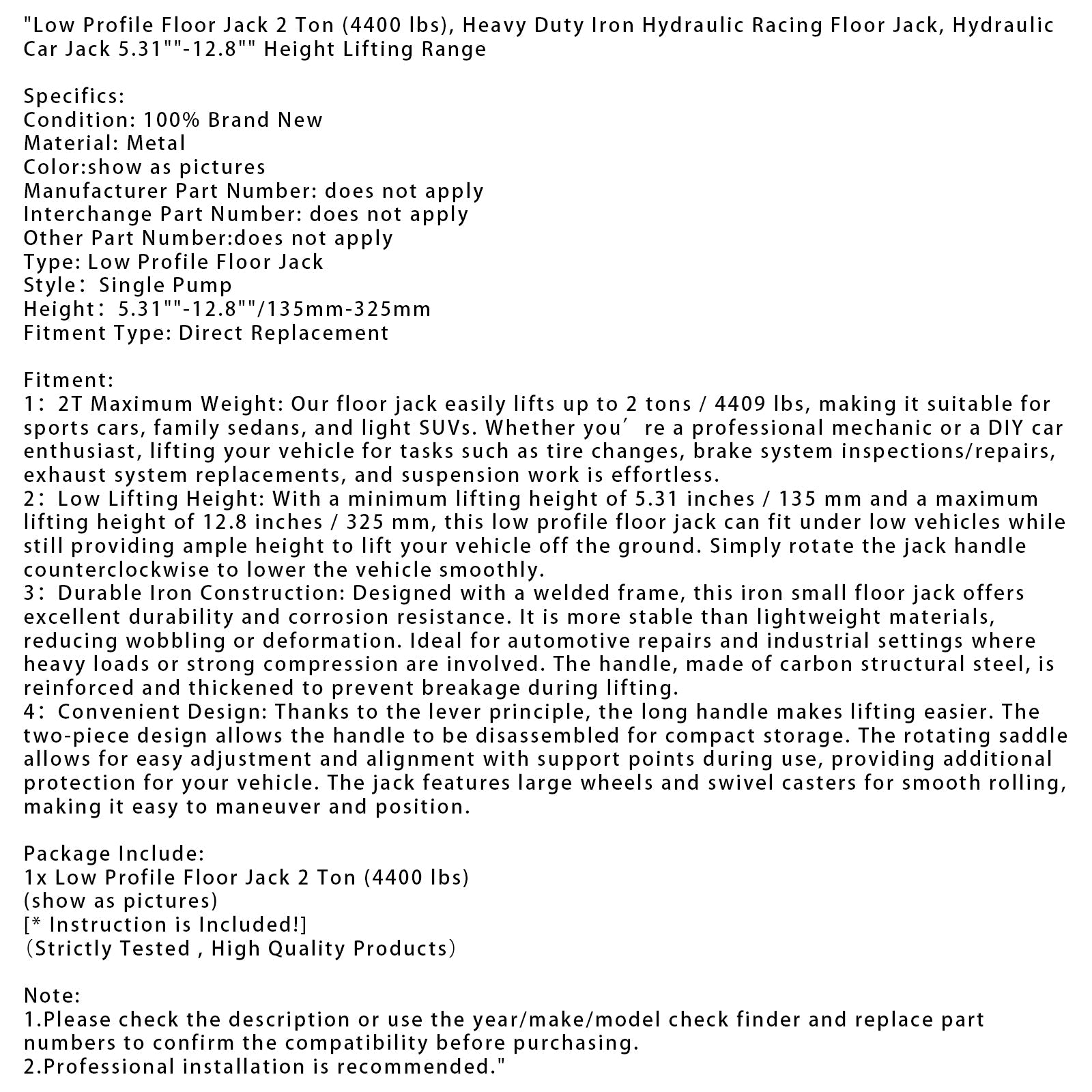 Cric de sol à profil bas 2 tonnes (4 400 lb) 5,31 à 12,8 pouces de hauteur de levage