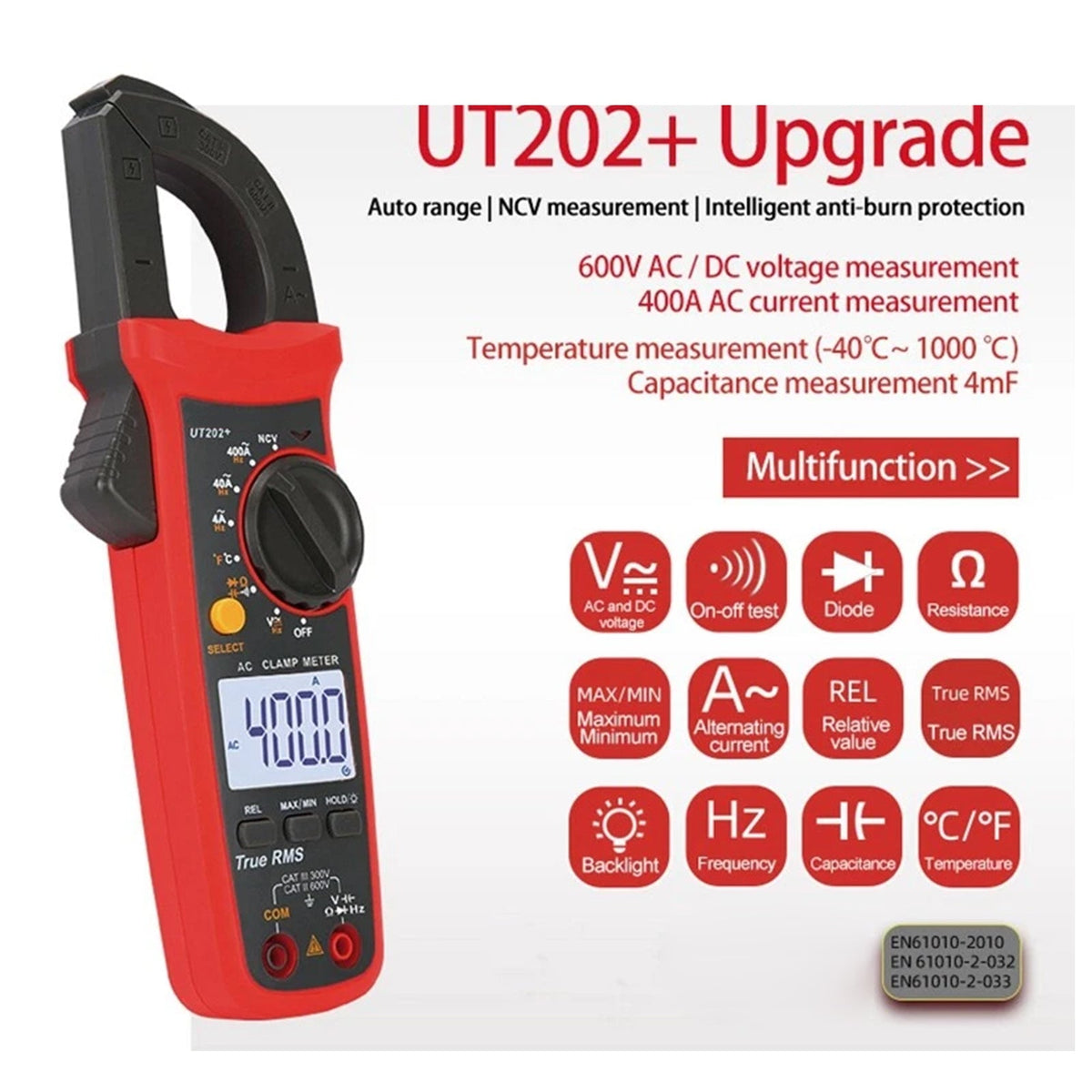 UT202+ handmultimeter, automatische bereikselectie, True RMS-stroomtang met LCD-scherm