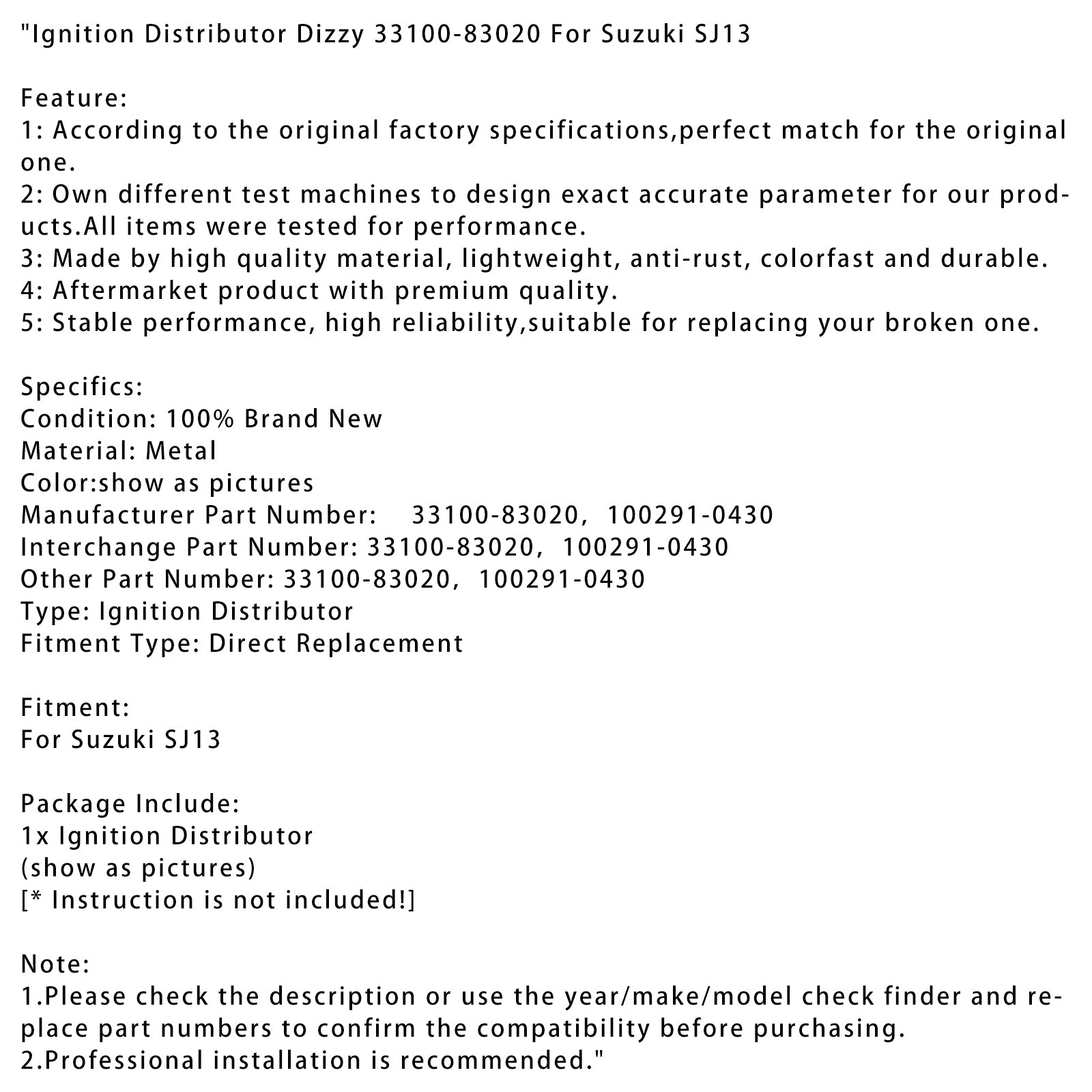 Dystrybutor zapłonu Suzuki SJ13 Dizzy 33100-83020 100291-0430