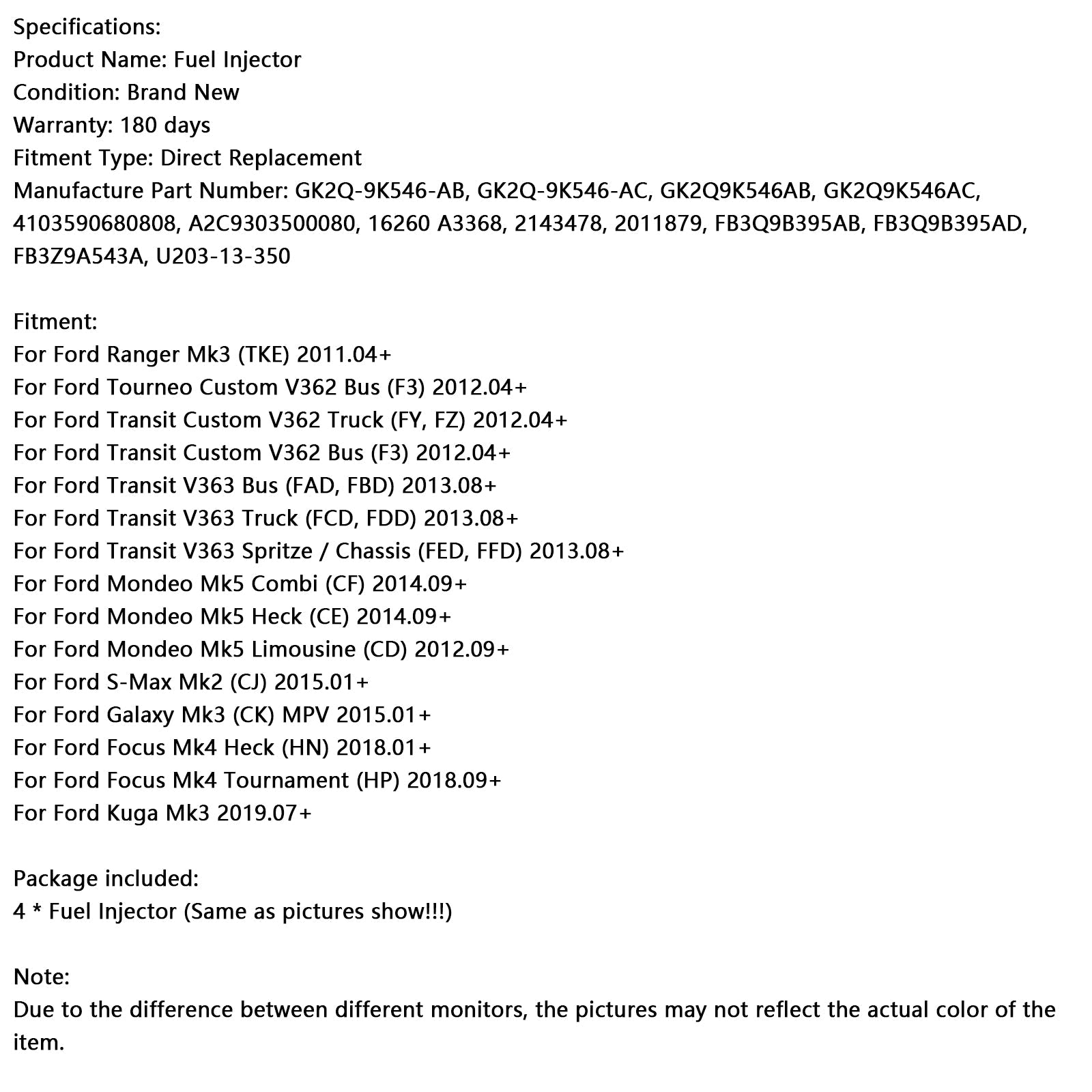 Inyector de combustible de 4 piezas GK2Q-9K546-AC 41035906808080808 GK2Q9K546AB para Ford Galaxy MK3 (CK) MPV 2015.01++