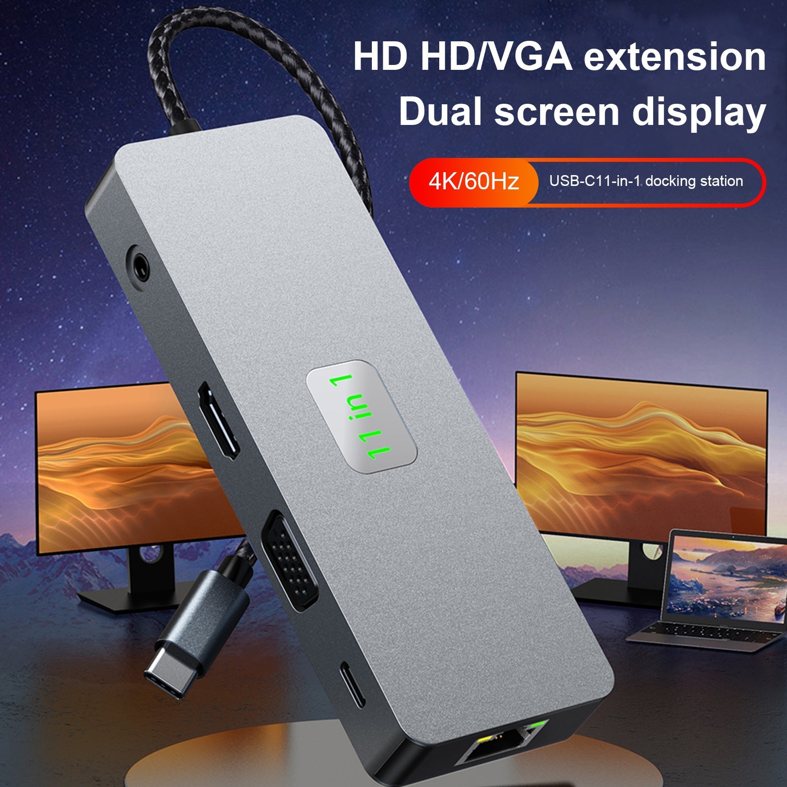 11 en 1 TYPE-C a RJ45 Gigabit USB3.0 HDMI VGA Audio USB-C Datos SD/TF PD100W