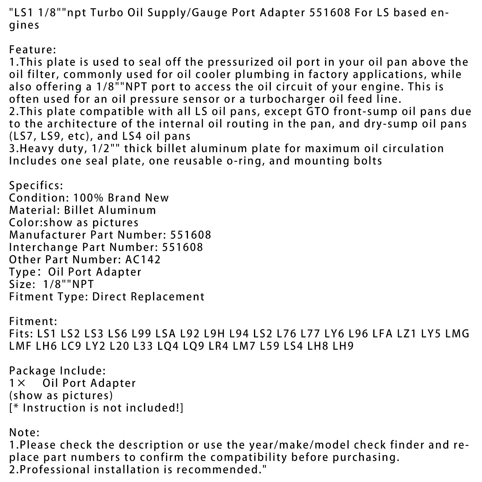 Adapter zasilania olejem LS1 Turbo/Wskaźnik 1/8"NPT 551608 Do silników opartych na LS