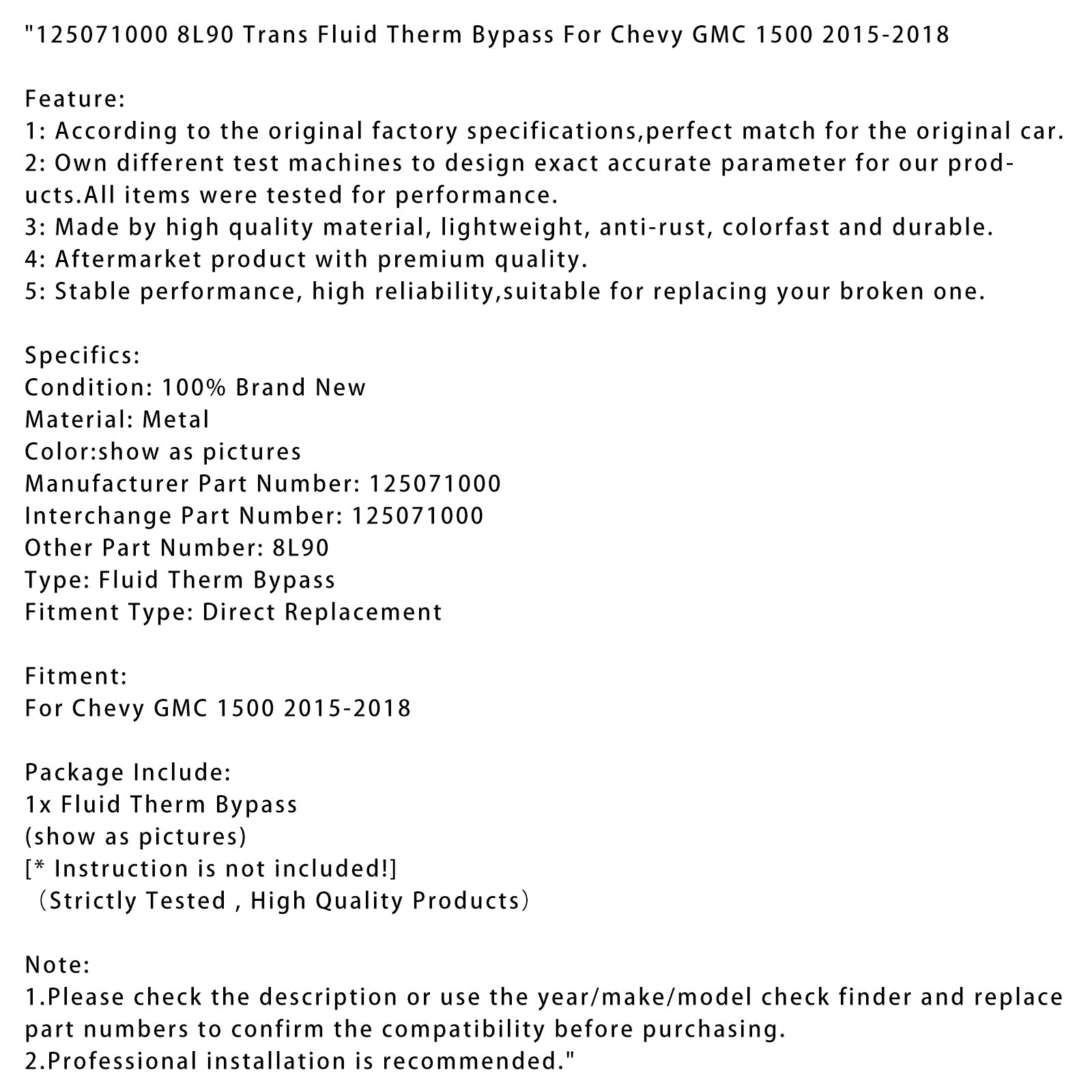 Thermische afleiding van de transmissievloeistof 125071000 voor Chevrolet GMC 1500 8L90 2015-2018