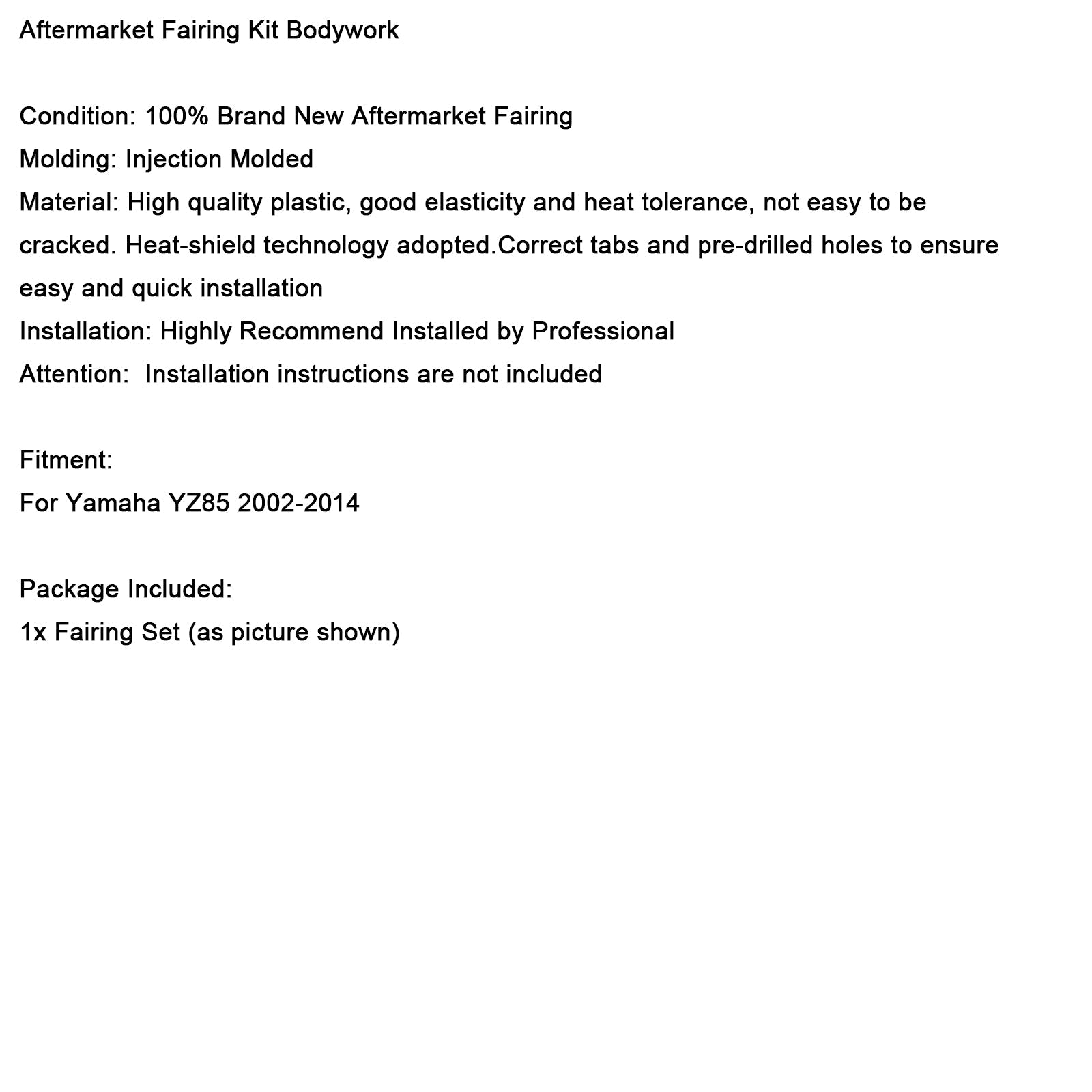 Kit de carénage de garde-boue en plastique pour Yamaha YZ85 2002-2014