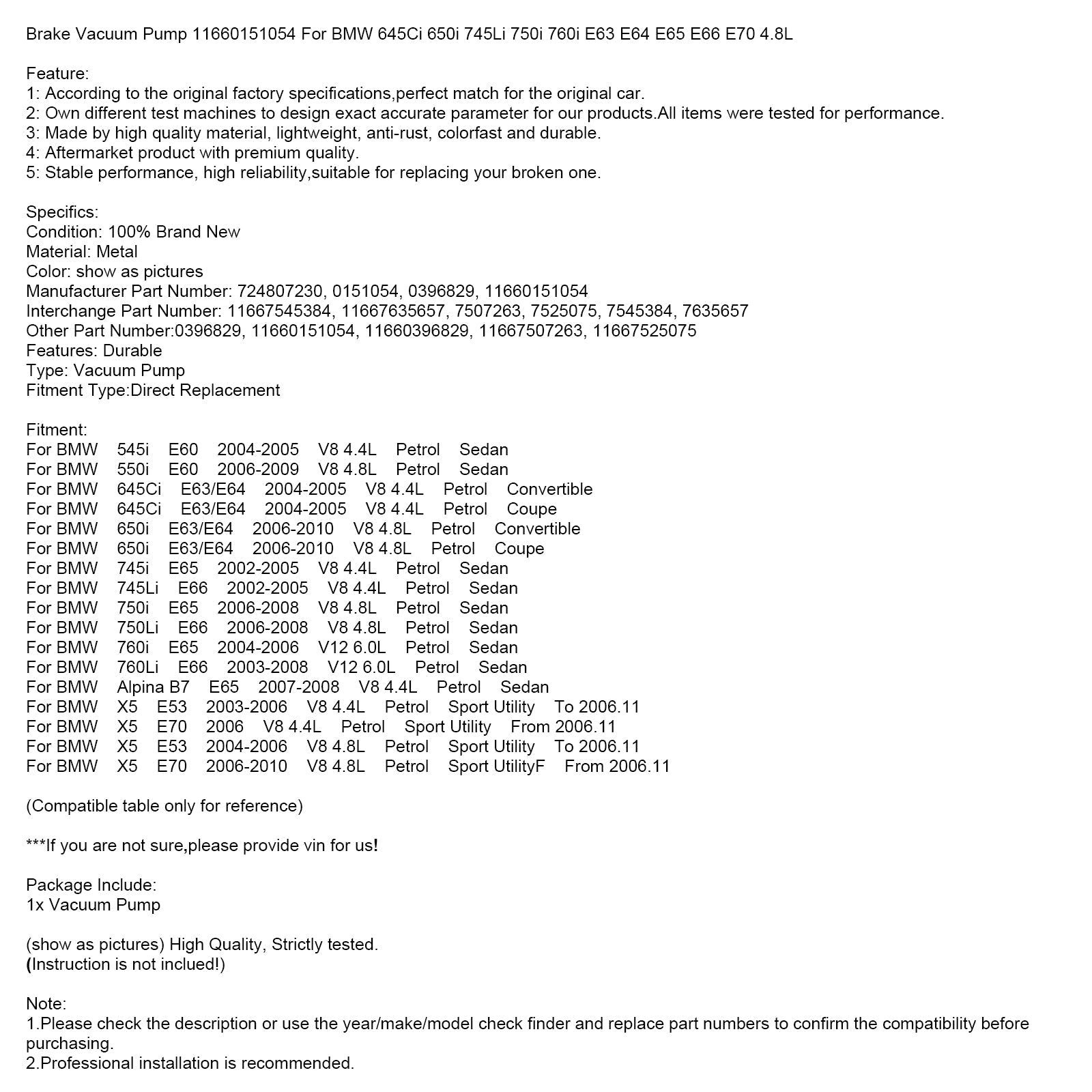 2004-2005 BMW 645Ci E63/E64 V8 4.4L Gasolina Coupe Bomba de vacío de freno 11660151054