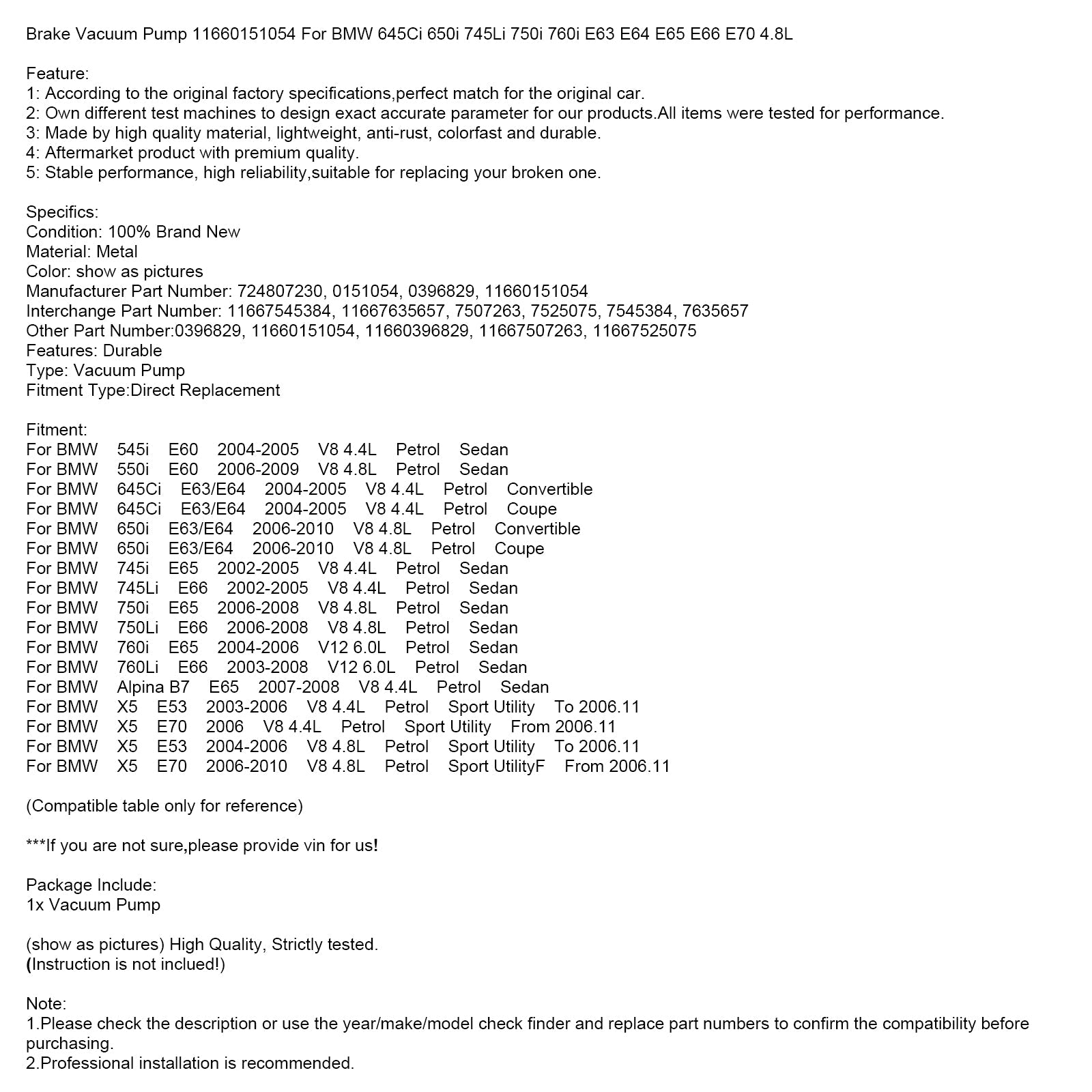 2004-2005 BMW 545i E60 V8 4.4L Gasolina Sedan Bomba de vacío de freno 11660151054
