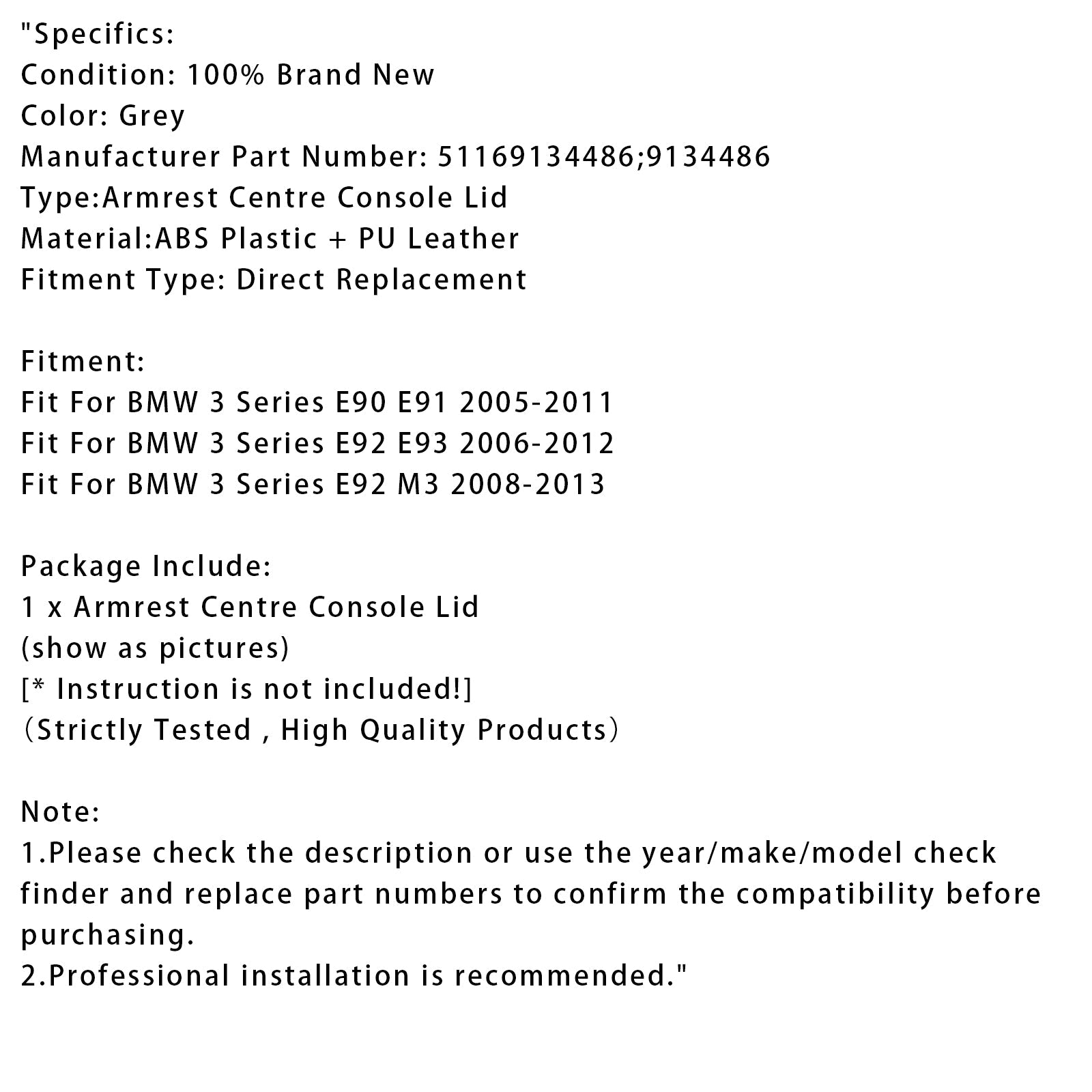 Couvercle de console centrale d'accoudoir en cuir gris pour BMW E90 E91 E92 E93 51169134486