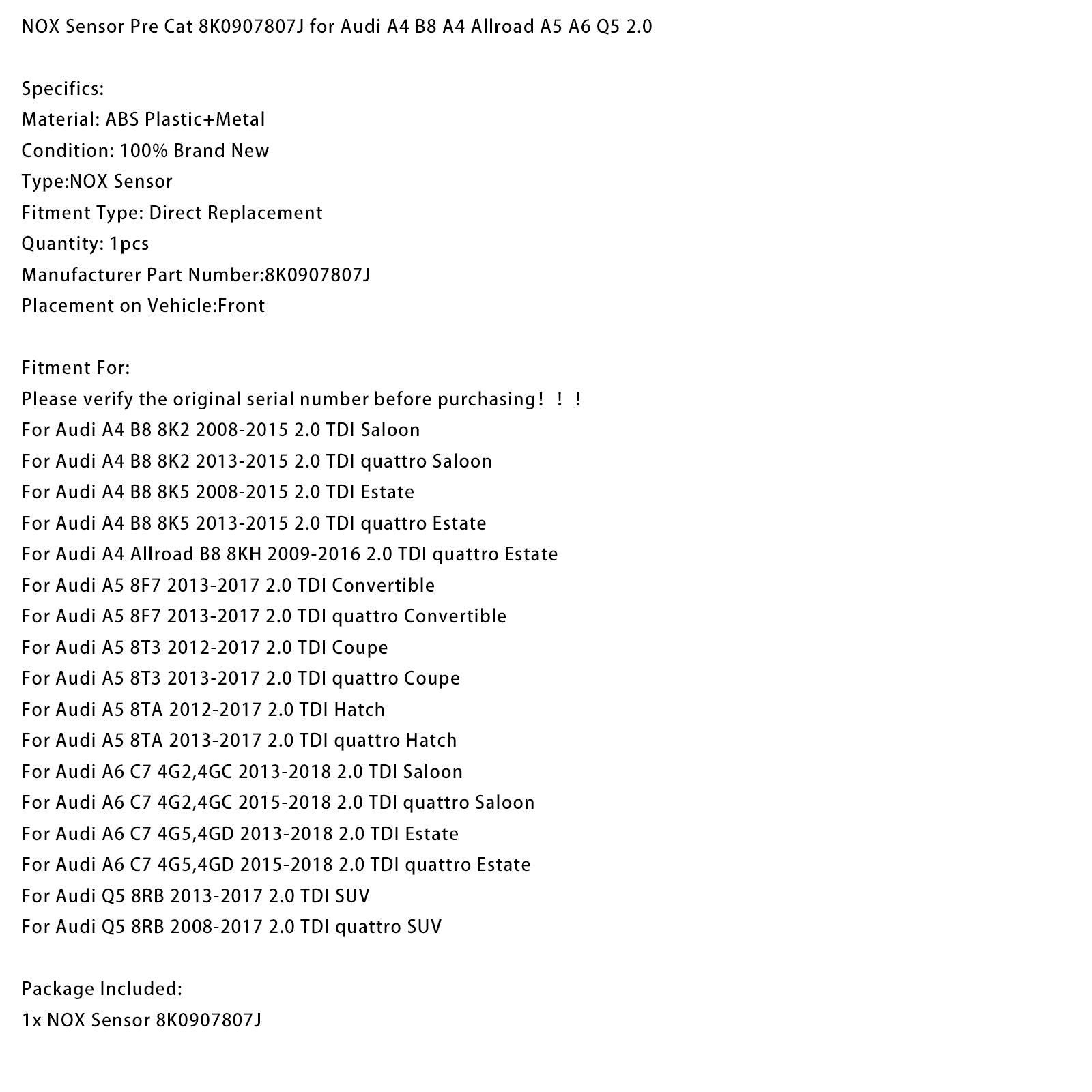 Senzor NOx pred katalizatorjem 8K0907807J za Audi A4 B8 8K2 2.0 TDI quattro limuzina (2013-2015)