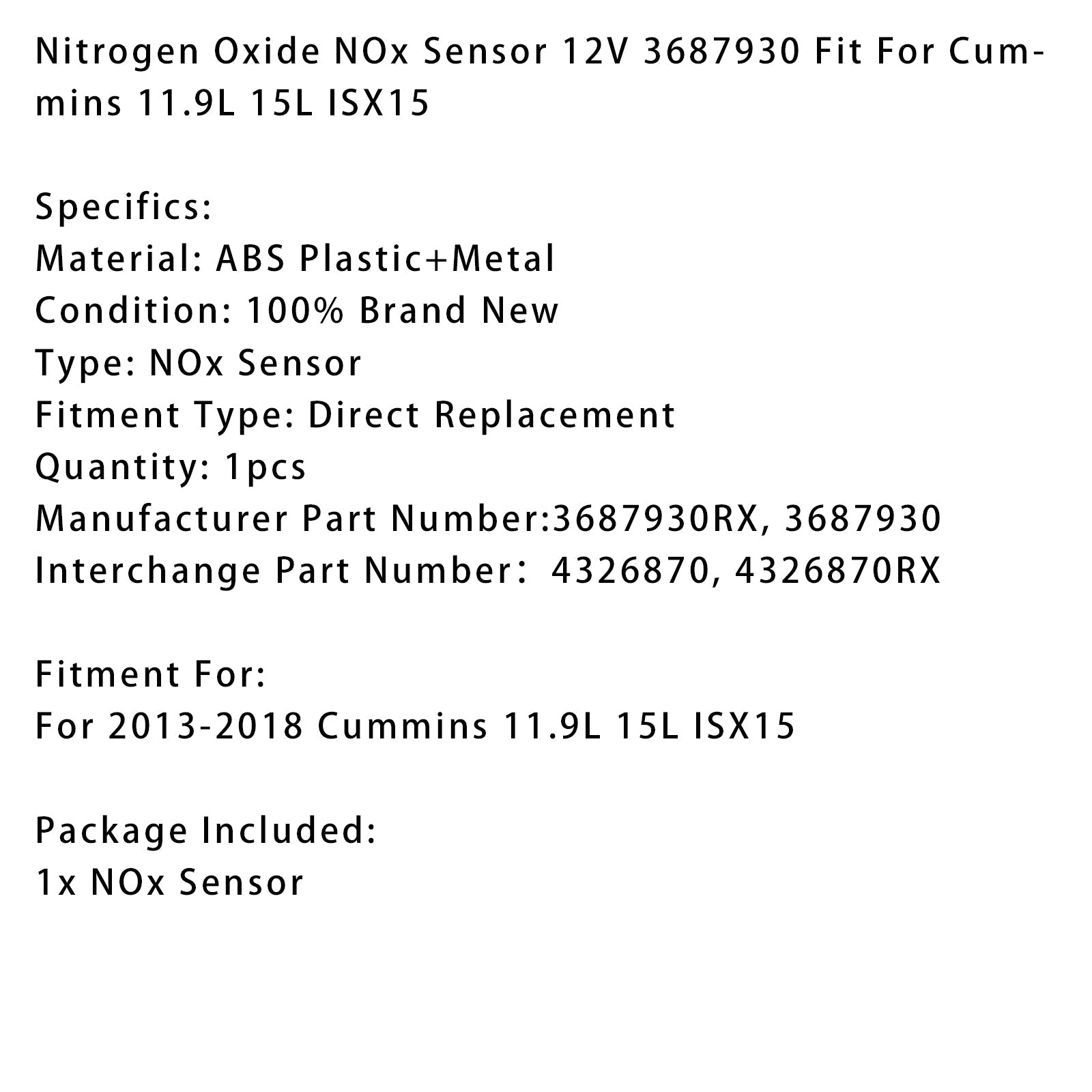 Sensor'oxide d'stikstof NOx 12V 3687930 voor Cummins 11.9L en 15L ISX15 motoren (2013-2018)