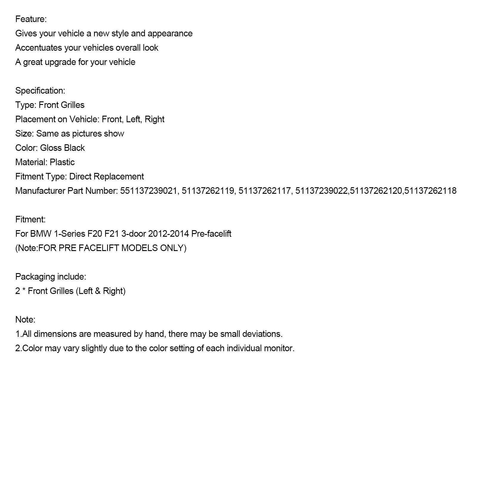 2012-2014 BMW 1 Serie F20 F21 2PCS Voorbumper Grille Grill