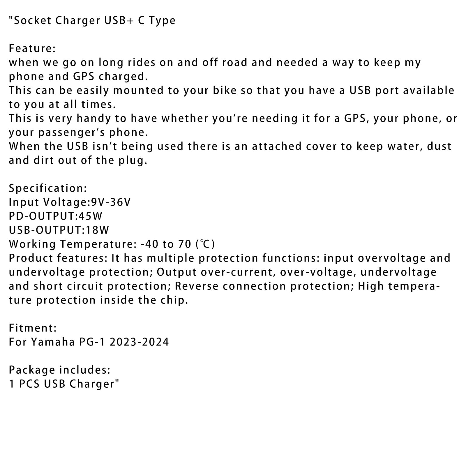 Chargeur de prise 12V Yamaha PG-1 2023-2024 USB + type C à prise rapide