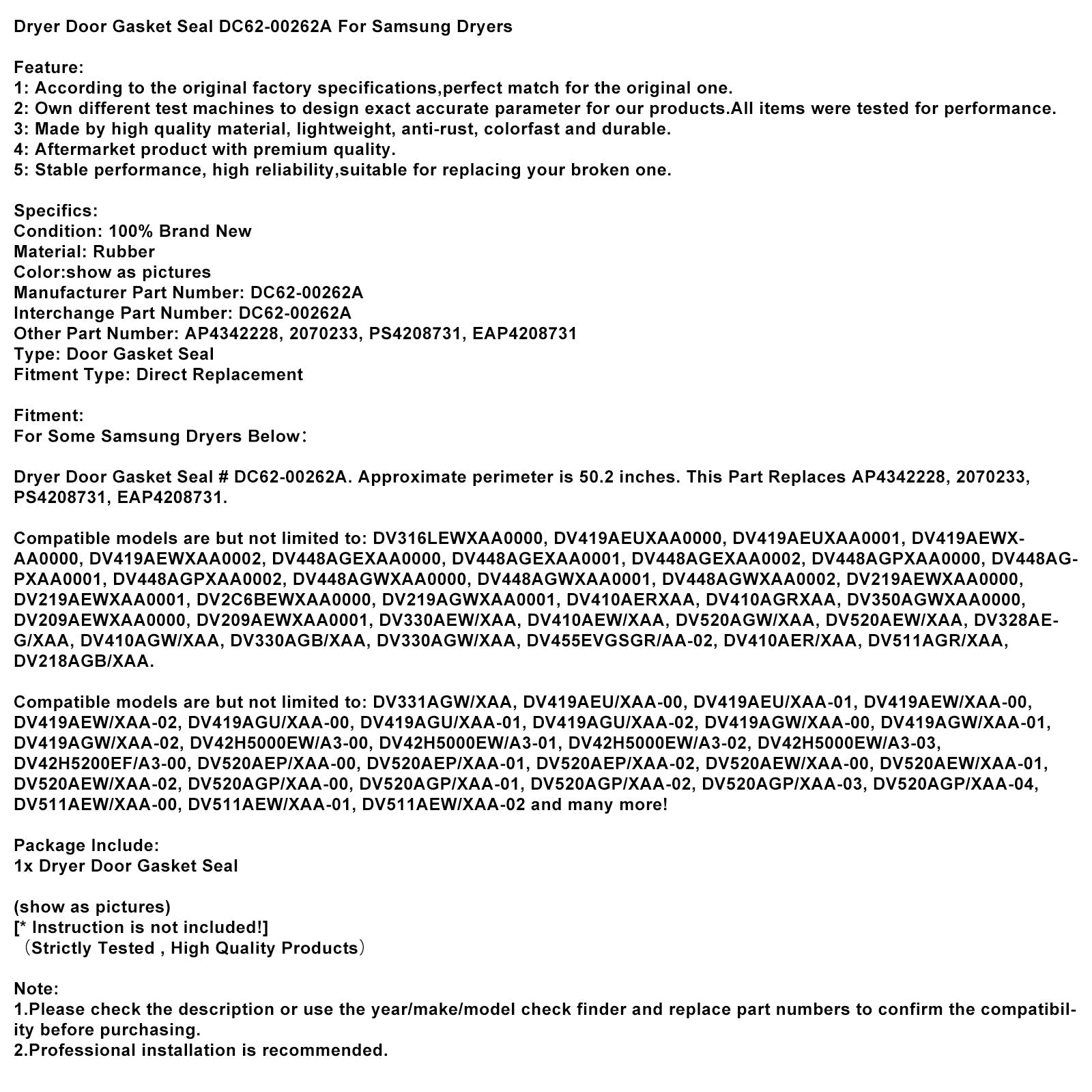 Joint de porte de sèche-linge DC62-00262A pour sèche-linge Samsung