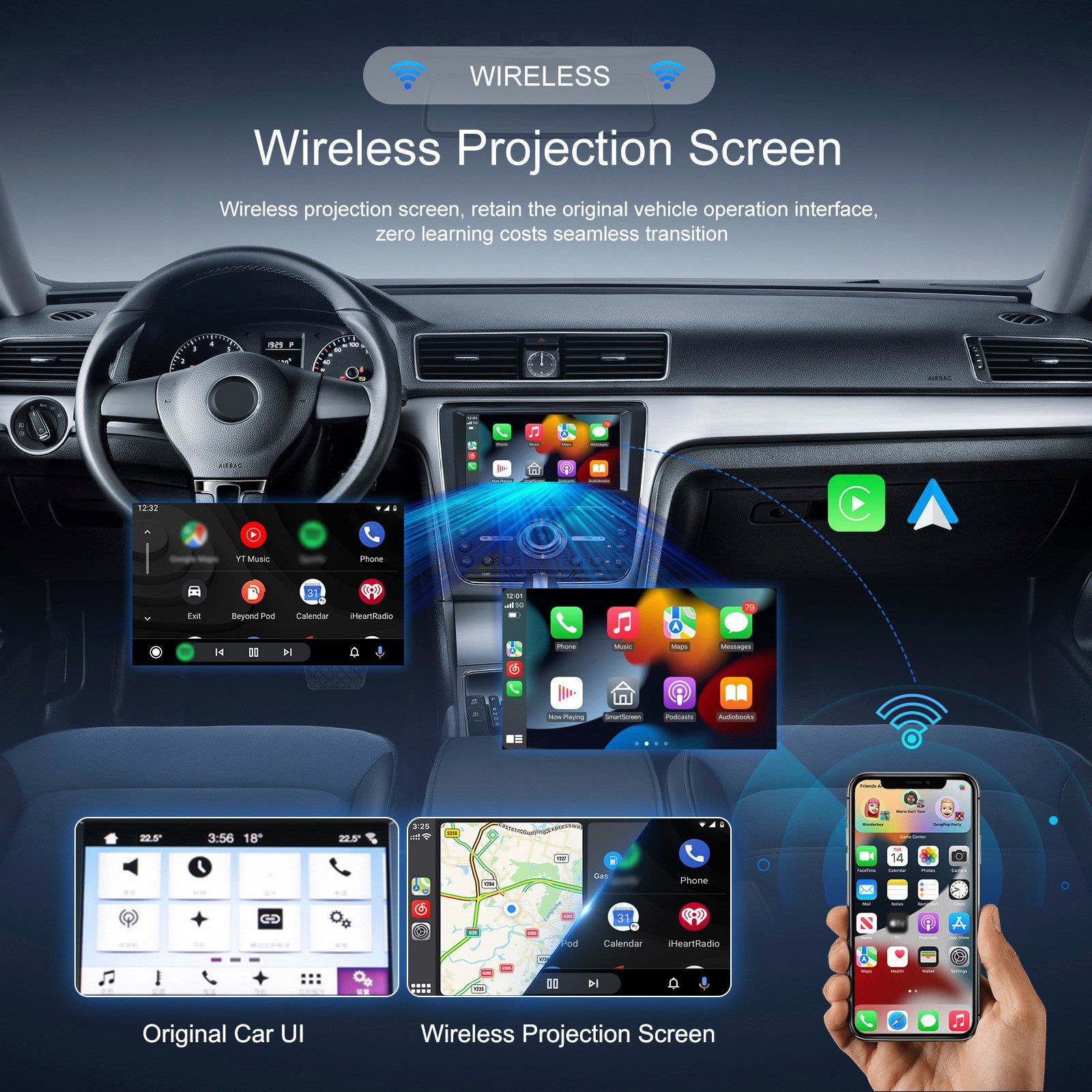 Adaptateur 2 en 1 sans fil Apple CarPlay et Android Auto : passage d'une fonction filaire à une fonction sans fil CarPlay.
