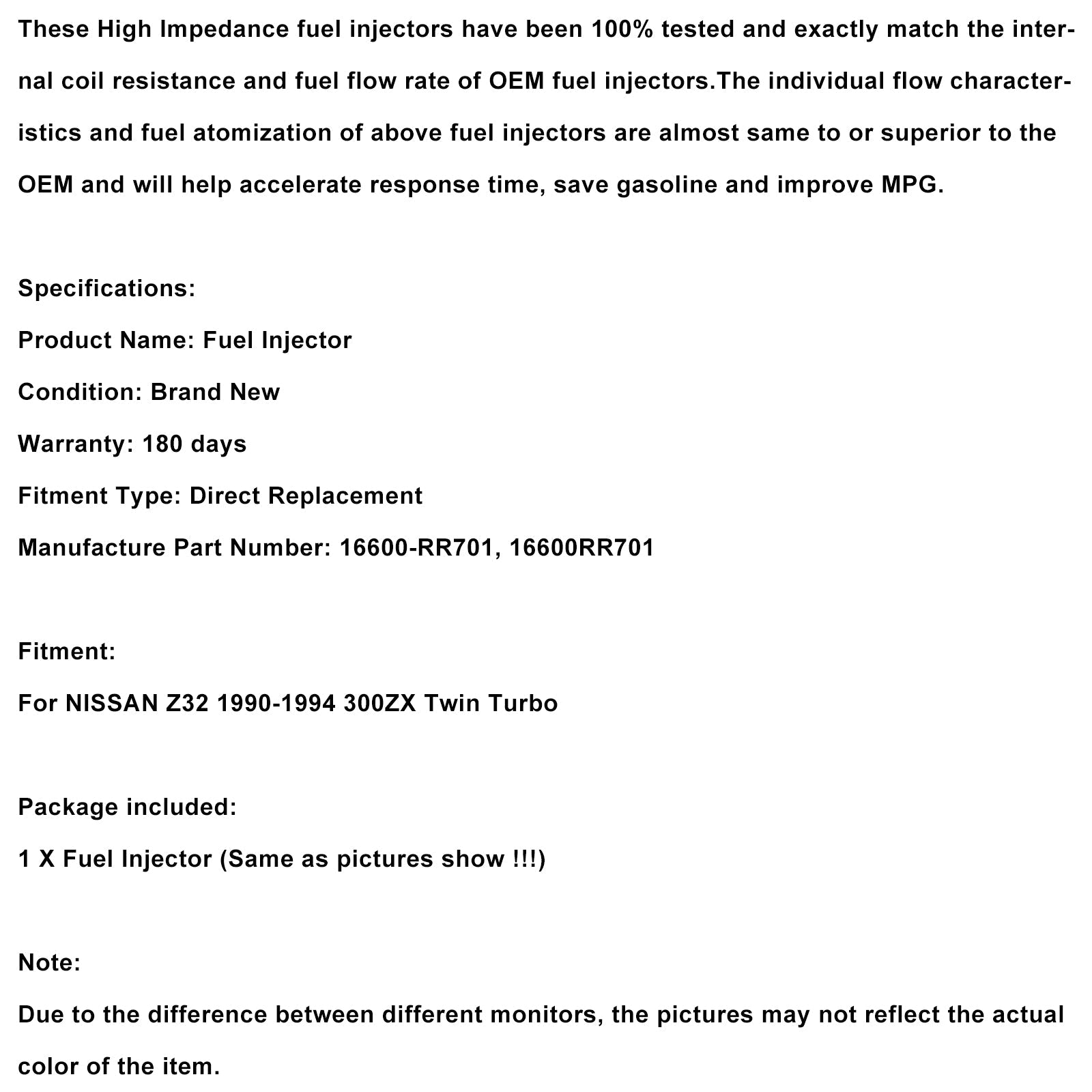 1-częściowy wtryskiwacz paliwa dla Nissana Z32 300ZX Twin Turbo 1990-1994 16600-RR701