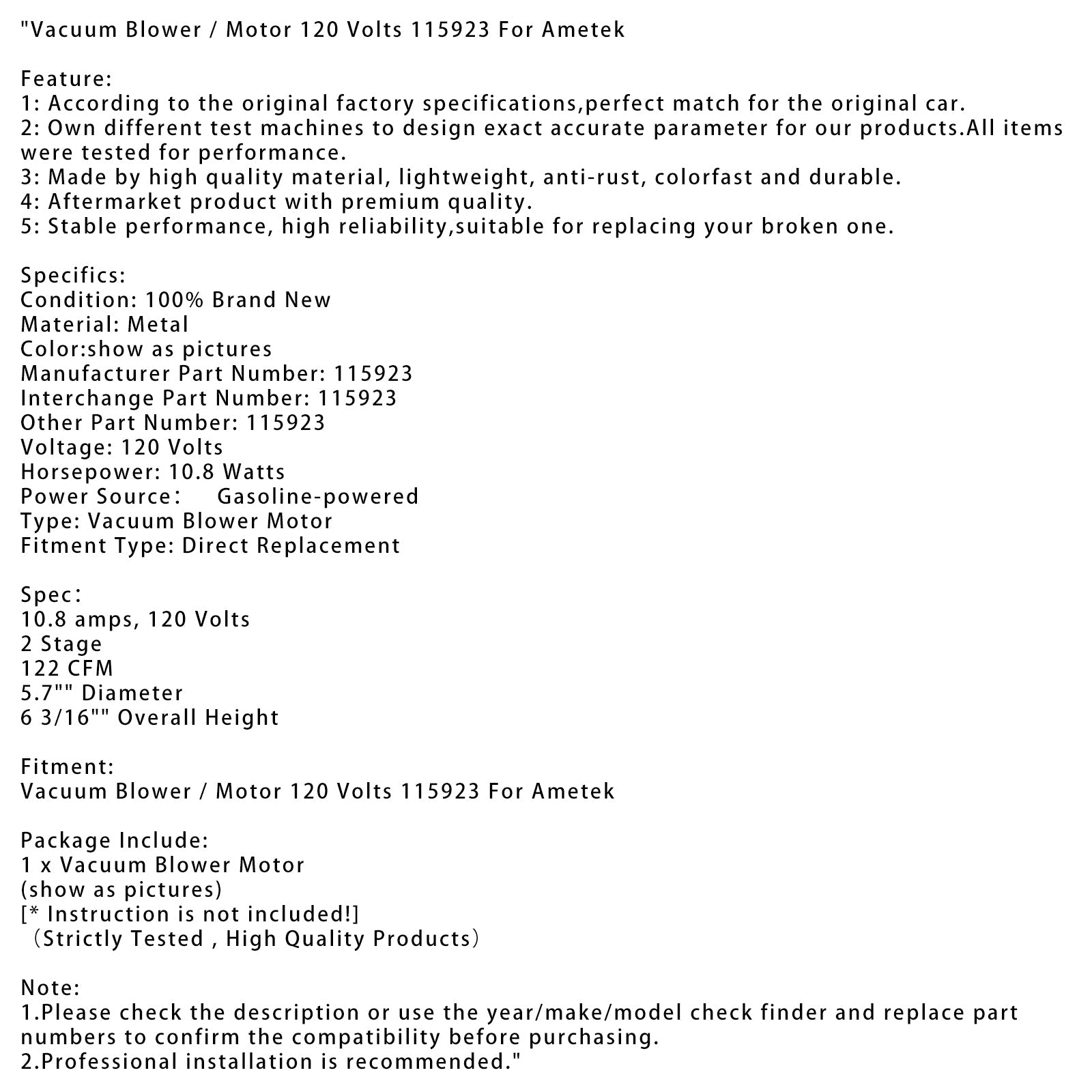 Souffleur/moteur d'aspirateur Ametek 120 volts 115923