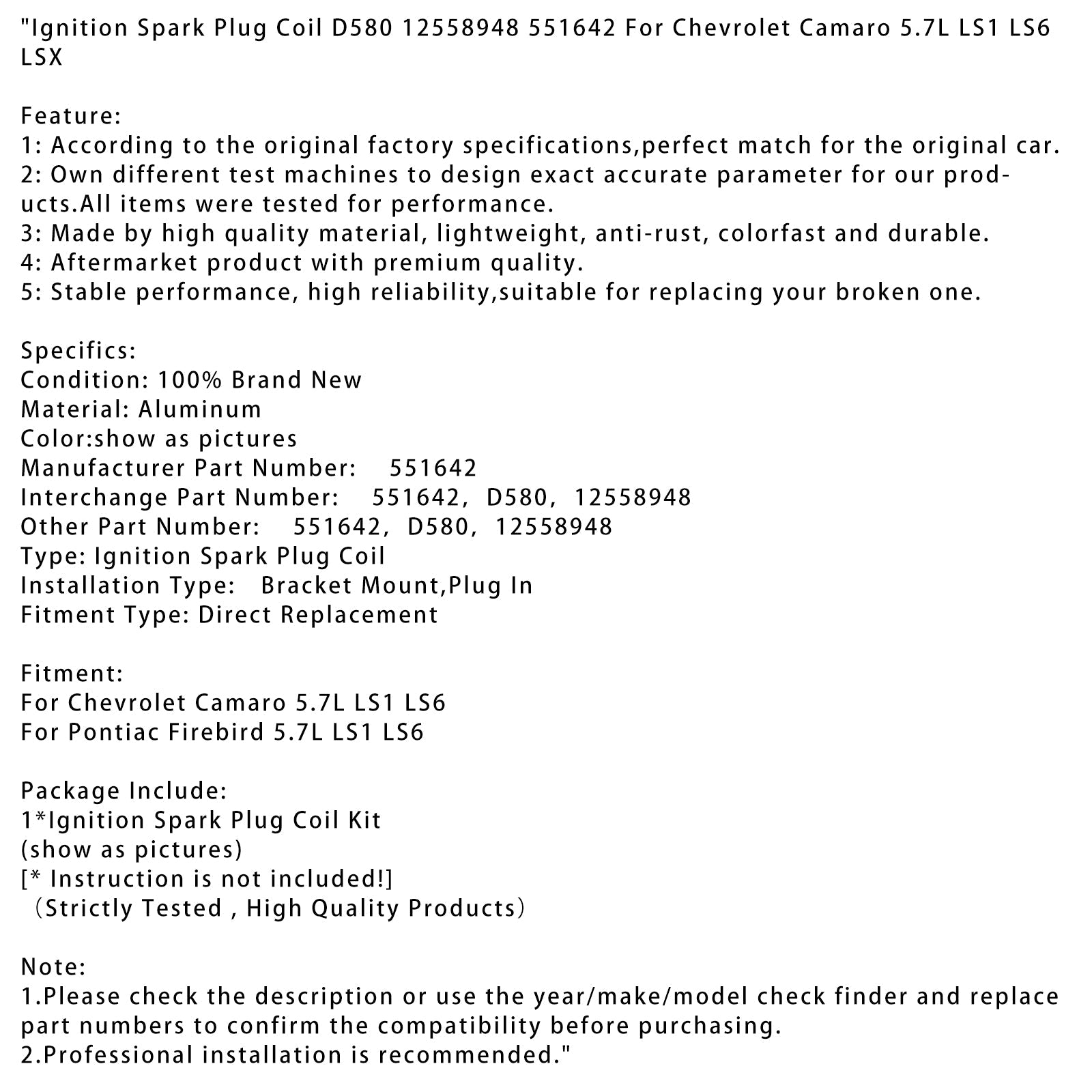 Cewka zapłonowa D580 12558948 dla Chevrolet Camaro 5.7L LS1 LS6