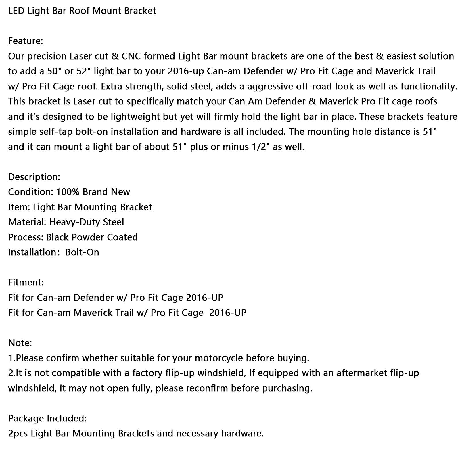 Staffa di montaggio sul tetto per barra luminosa a LED compatibile con le gabbie Pro-Fit Can-am Defender 50""/52"" 16-25