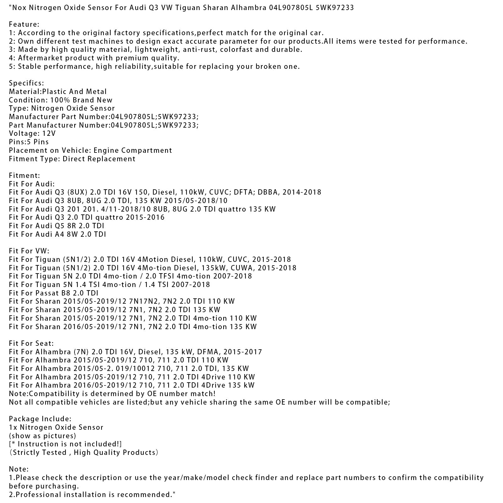 Sensore NOX per Audi Q3, VW Tiguan, Sharan, Alhambra 04L907805L 5WK97233