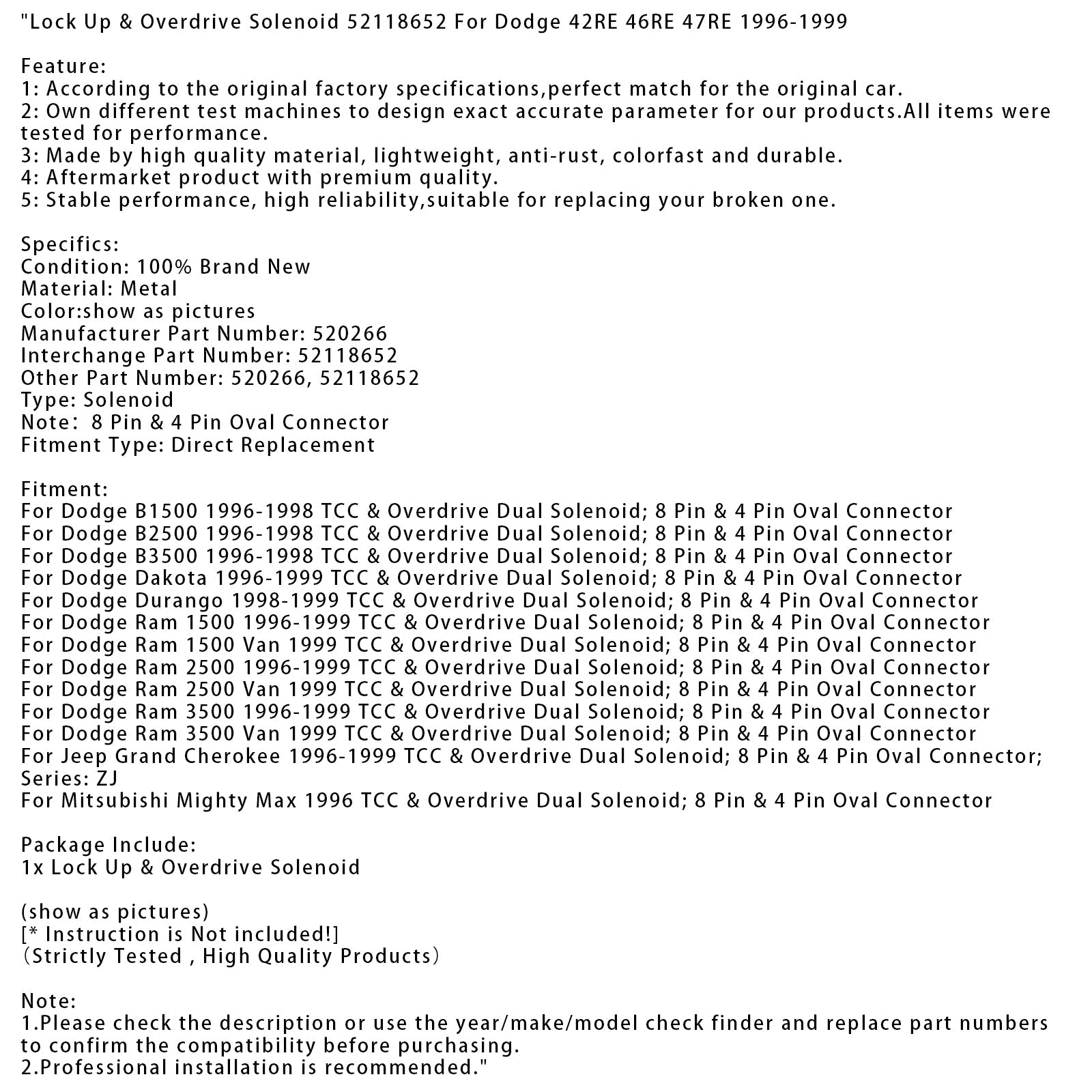 Électrovanne de verrouillage et de surmultiplication 52118652 pour Dodge 42RE 46RE 47RE 1996-1999