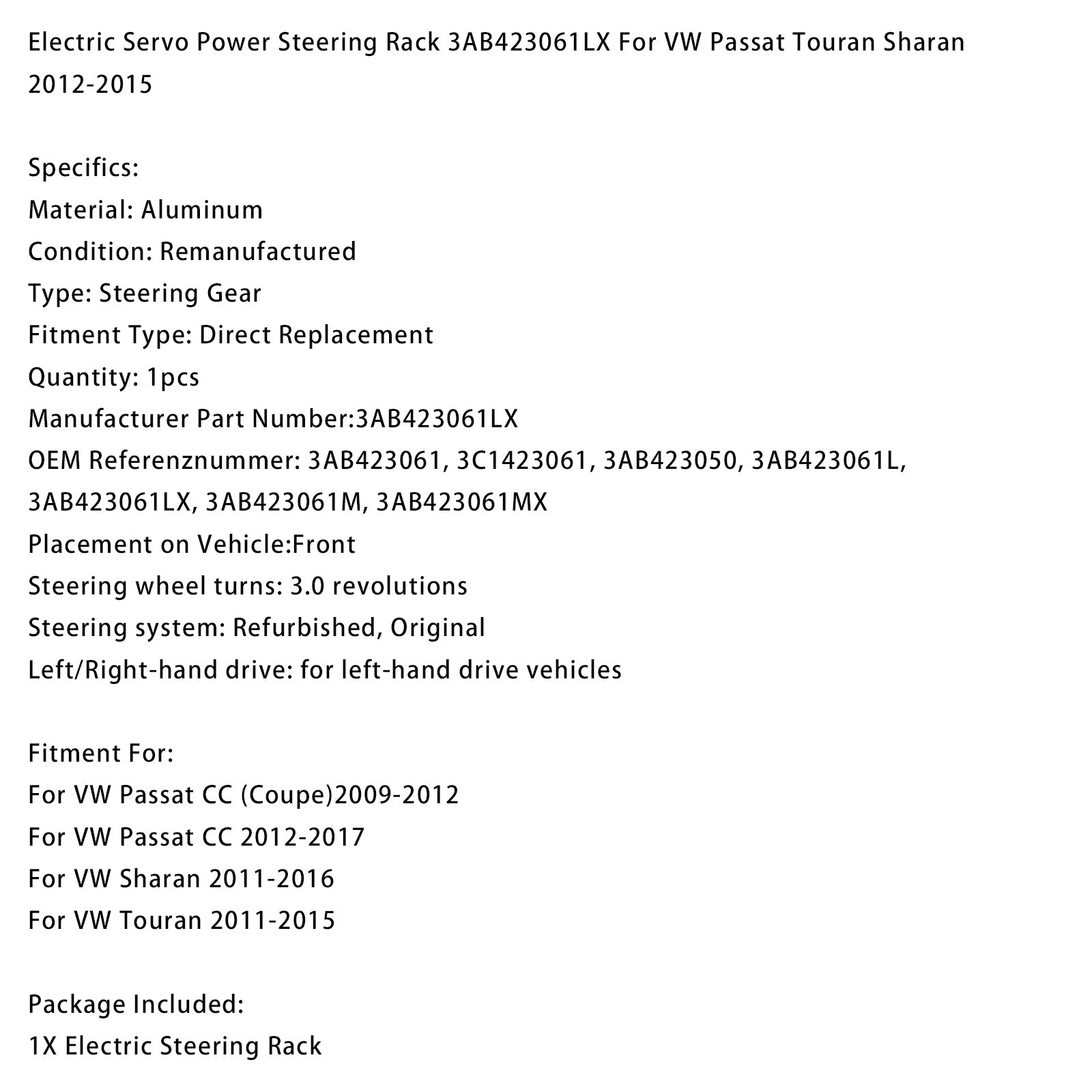 Električni servo krmilnik 3AB423061LX za VW Passat Touran Sharan 2012-2015