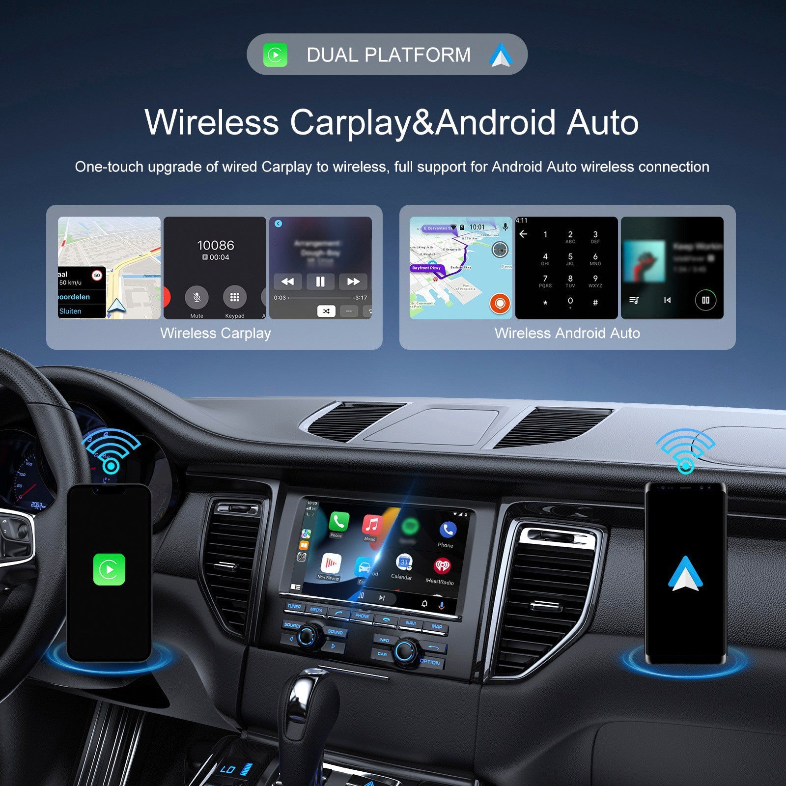 Adaptateur 2 en 1 sans fil Apple CarPlay et Android Auto : passage d'une fonction filaire à une fonction sans fil CarPlay.