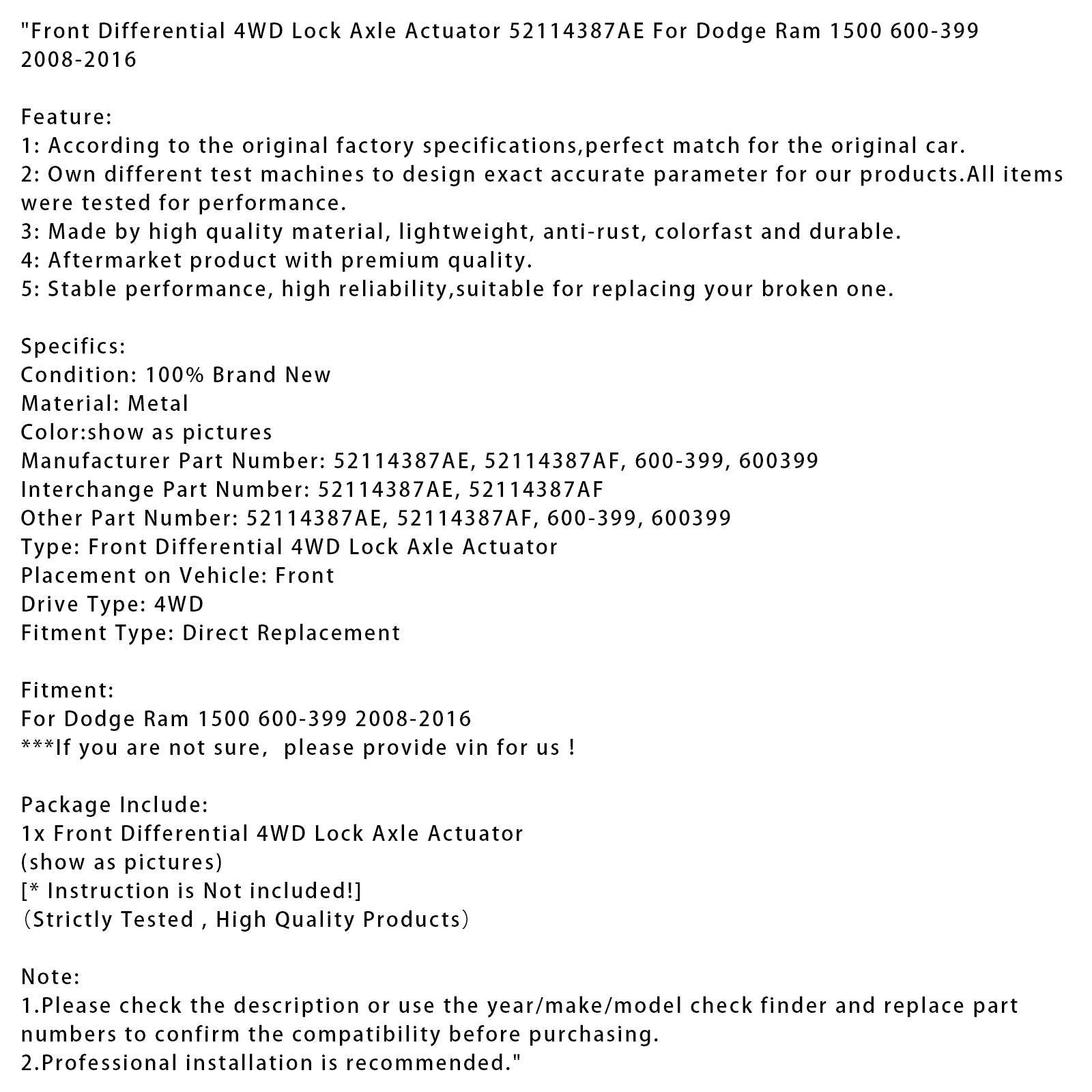 Actionneur de différentiel avant 4x4 pour Dodge Ram 1500 (2008-2016) - Référence : 52114387AE 600399