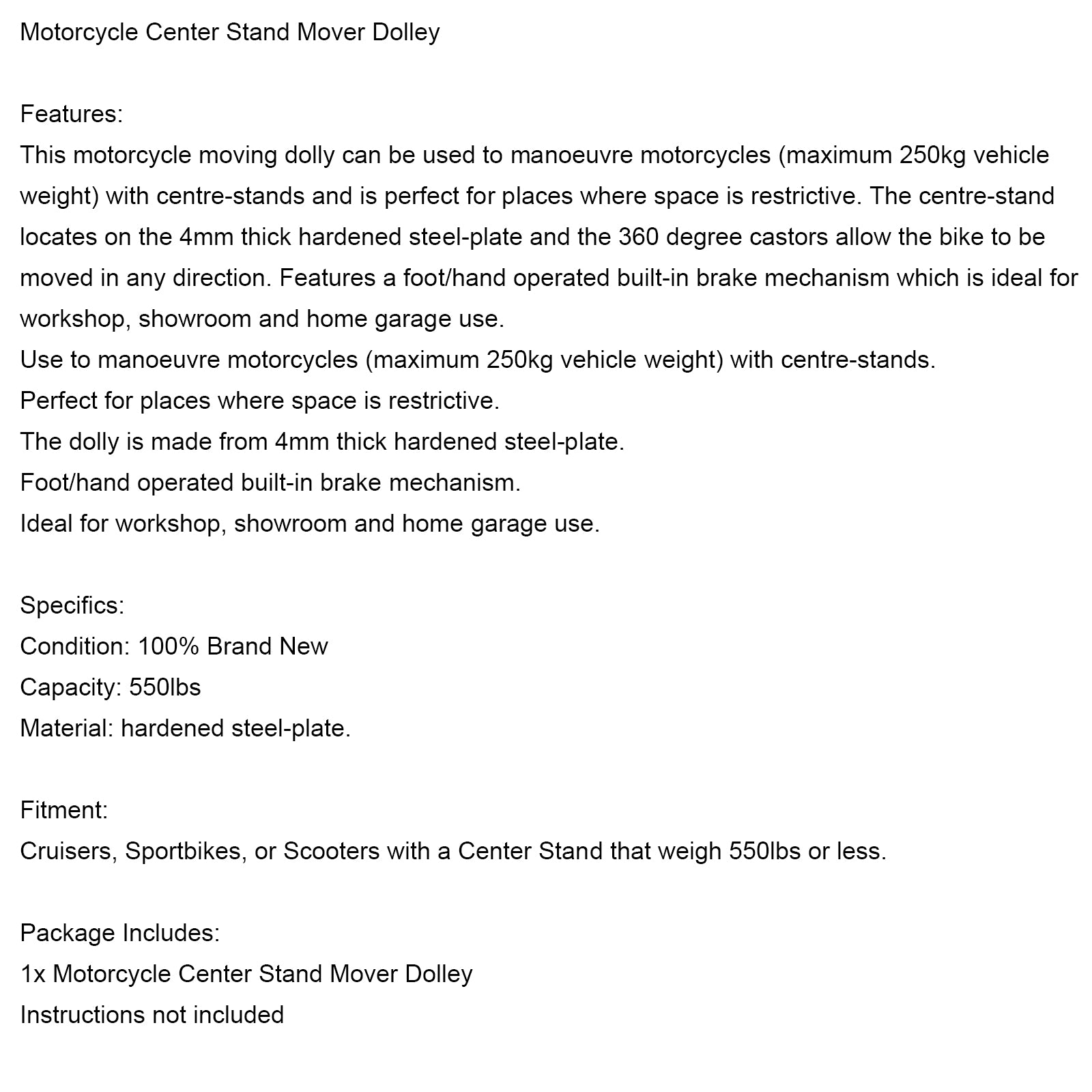 Plataforma móvil con ruedas de 360 grados 250kg Soporte central para moto