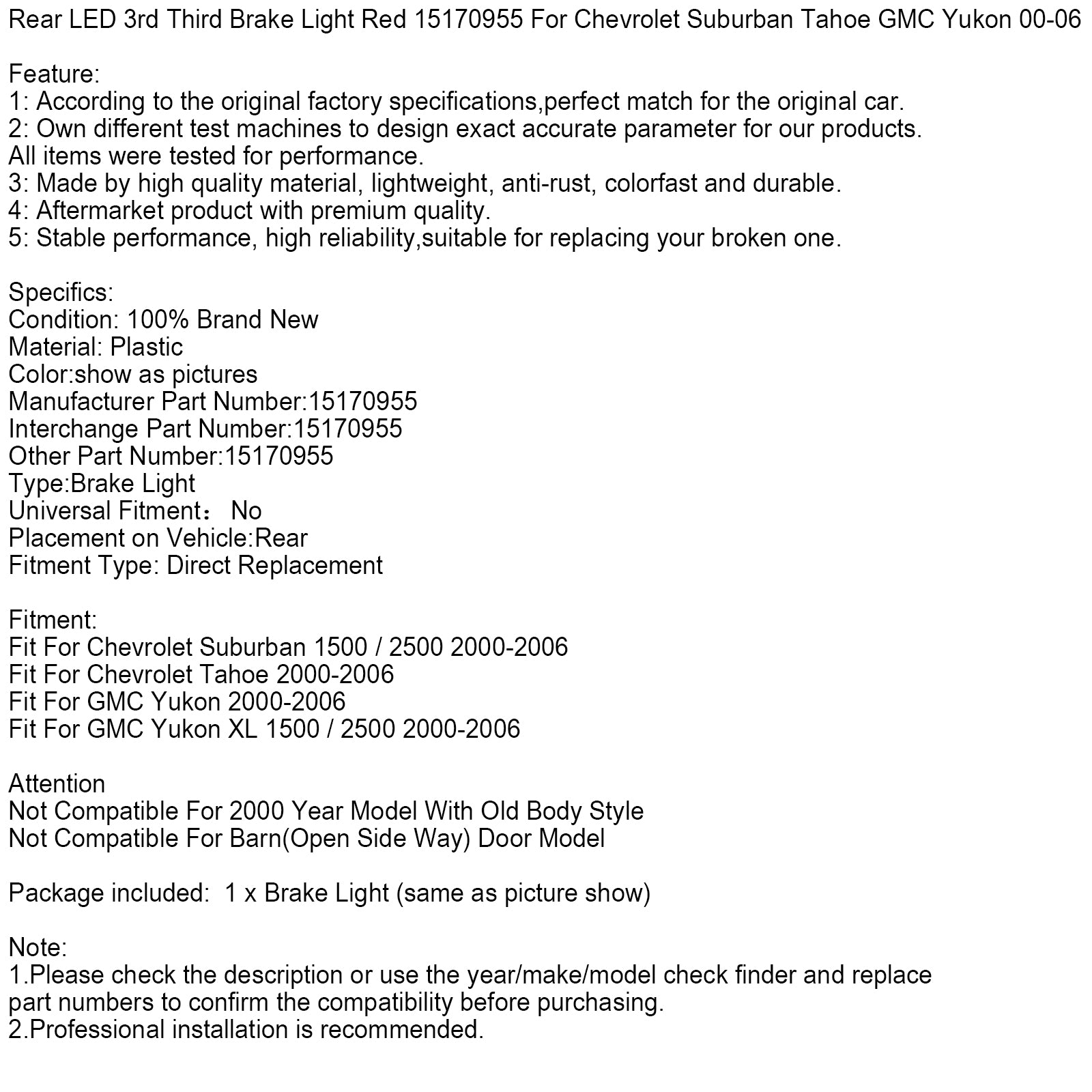 Troisième feu stop arrière à LED rouge 15170955 pour Chevrolet Suburban 00-06