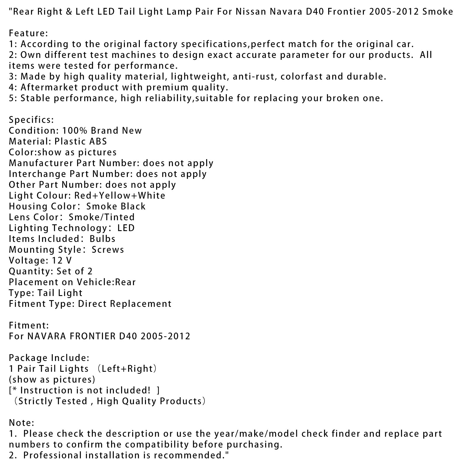 Par de luces traseras LED ahumadas para Nissan Navara D40 Frontier 2005-2012