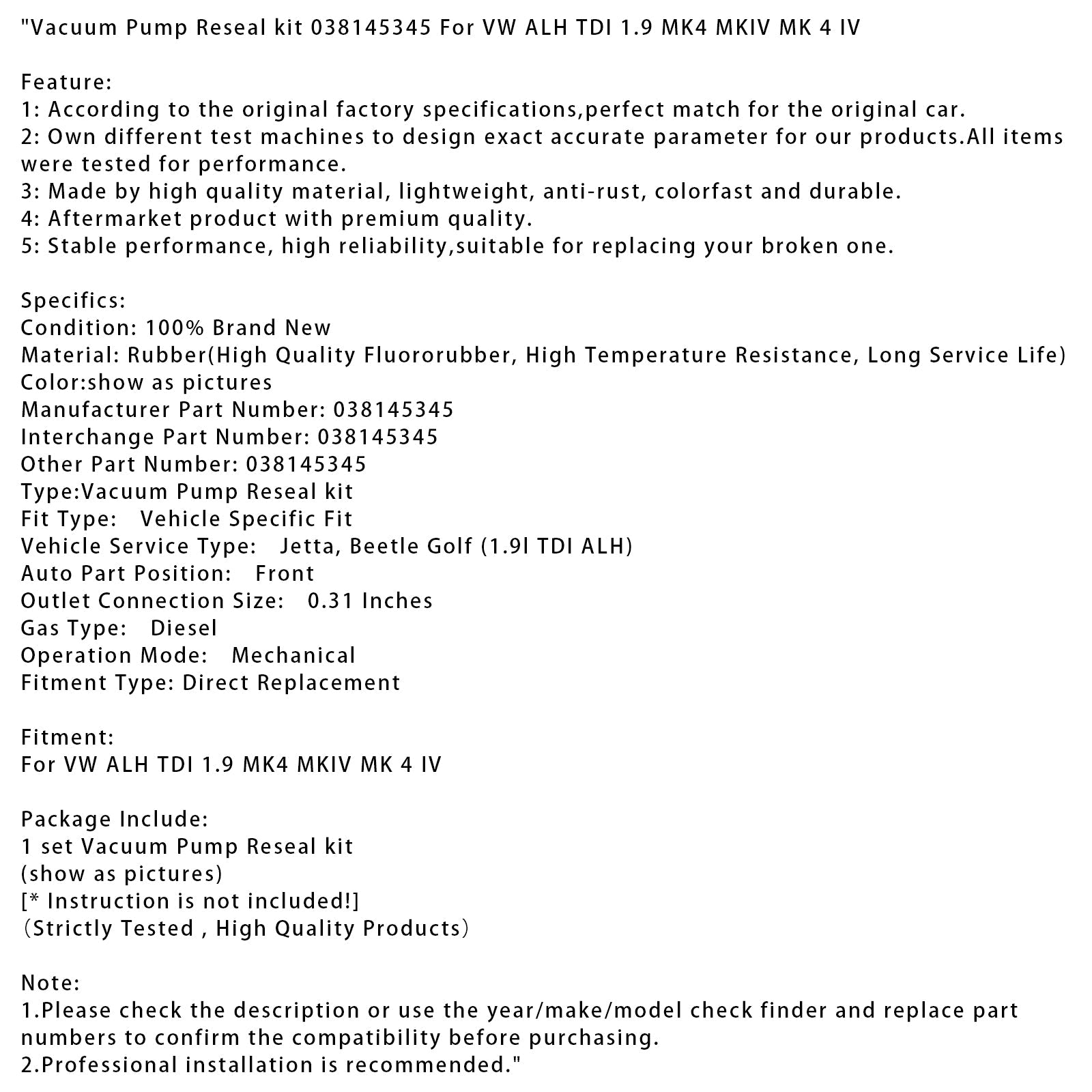 Kit del giunto della pompa vuota 038145345 per VW Alh TDI 1.9 MK4 MKIV MK 4 IV