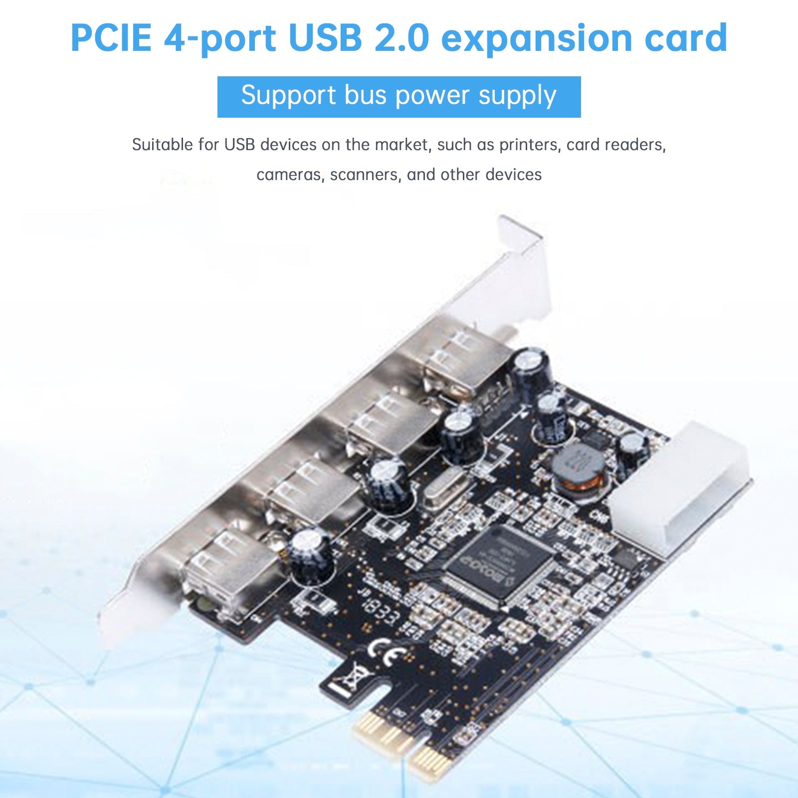 Tarjeta de extensión PCIe Hub 2.0 a USB 2.0, adaptador Moschip, fuente de alimentación de 4 pines
