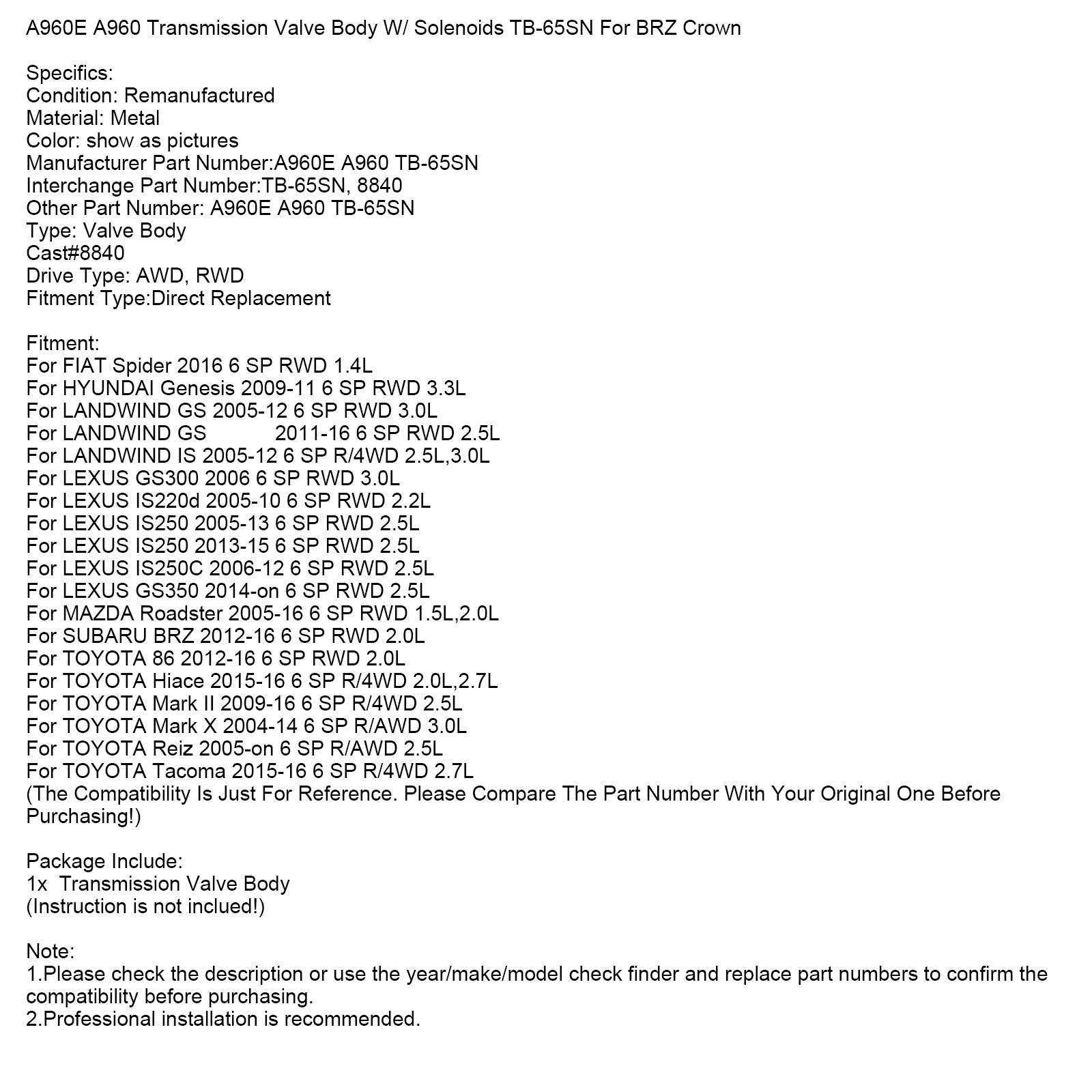 A960E A960 Corpo valvola di trasmissione con solenoidi TB-65SN per corona BRZ