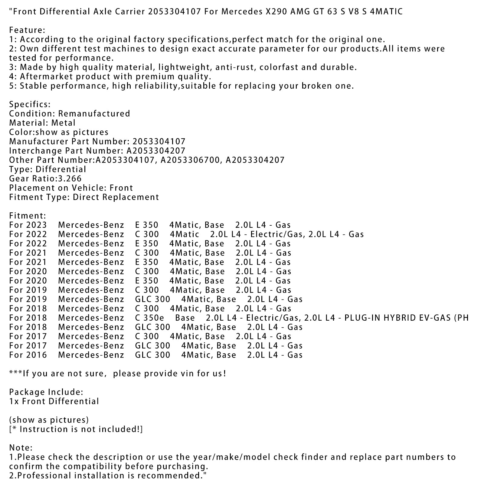 2022 Mercedes-Benz C 300 4Matic 2.0L L4 - Sähkö/bensiini, 2.0L L4 - Bensiini etutasauspyörästön akselin pidike 2053304107 A2053306700