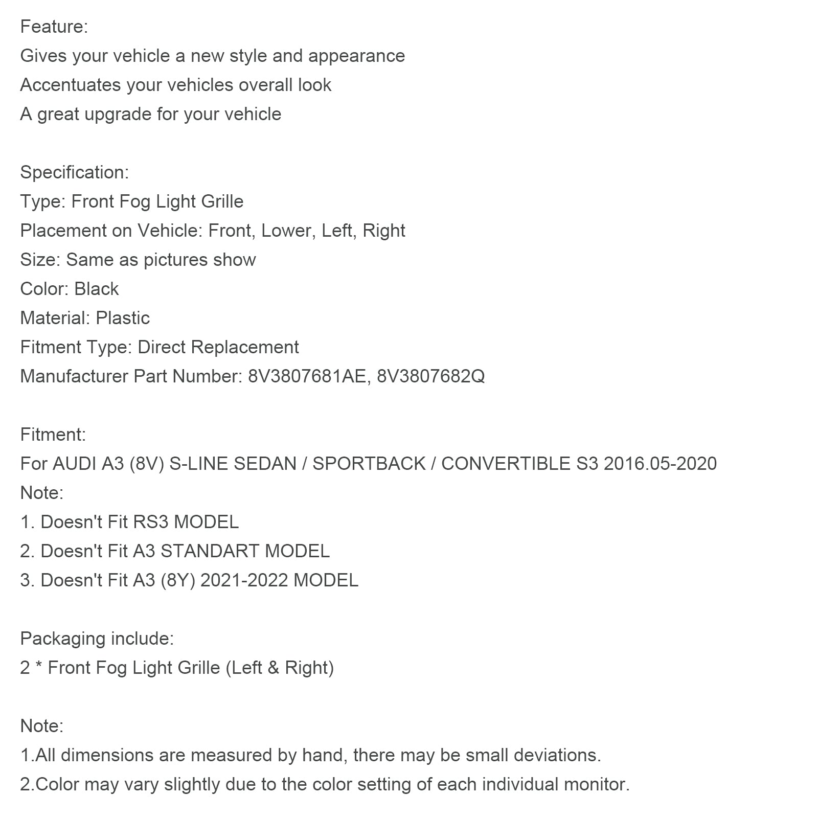 Rejilla de protección de faros antiniebla delanteros para AUDI A3 S-LINE 2017-2019 8V