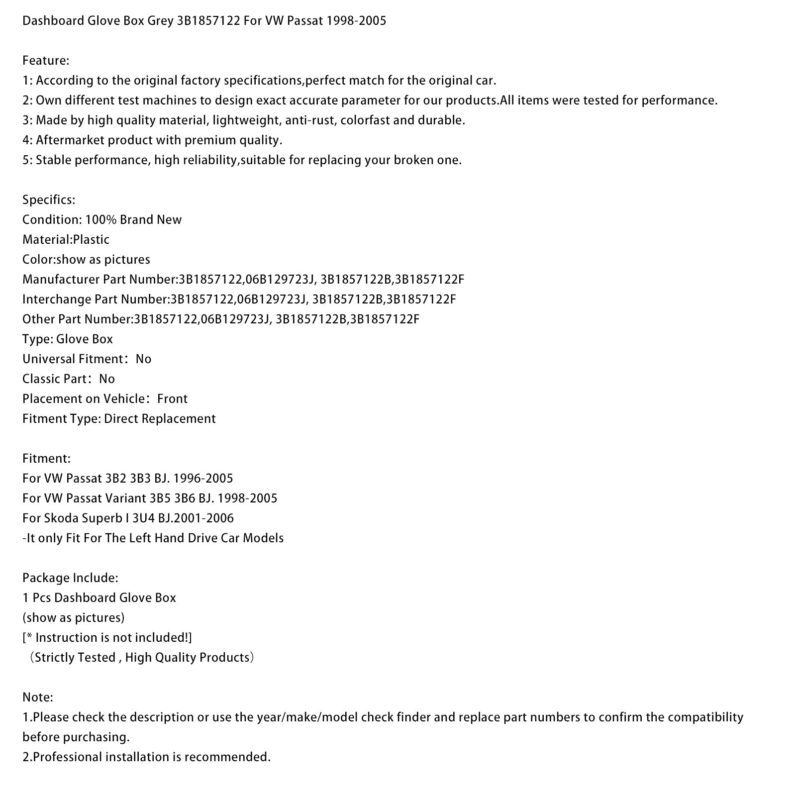 Vano portaoggetti grigio per cruscotto 3B1857122 per VW Passat 1998-2005