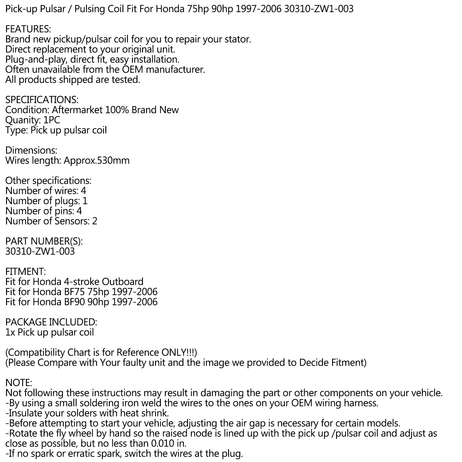 Pickup pulssigeneraattori Honda BF75 75hv BF90 90hv 1997-2006 perämoottoreille