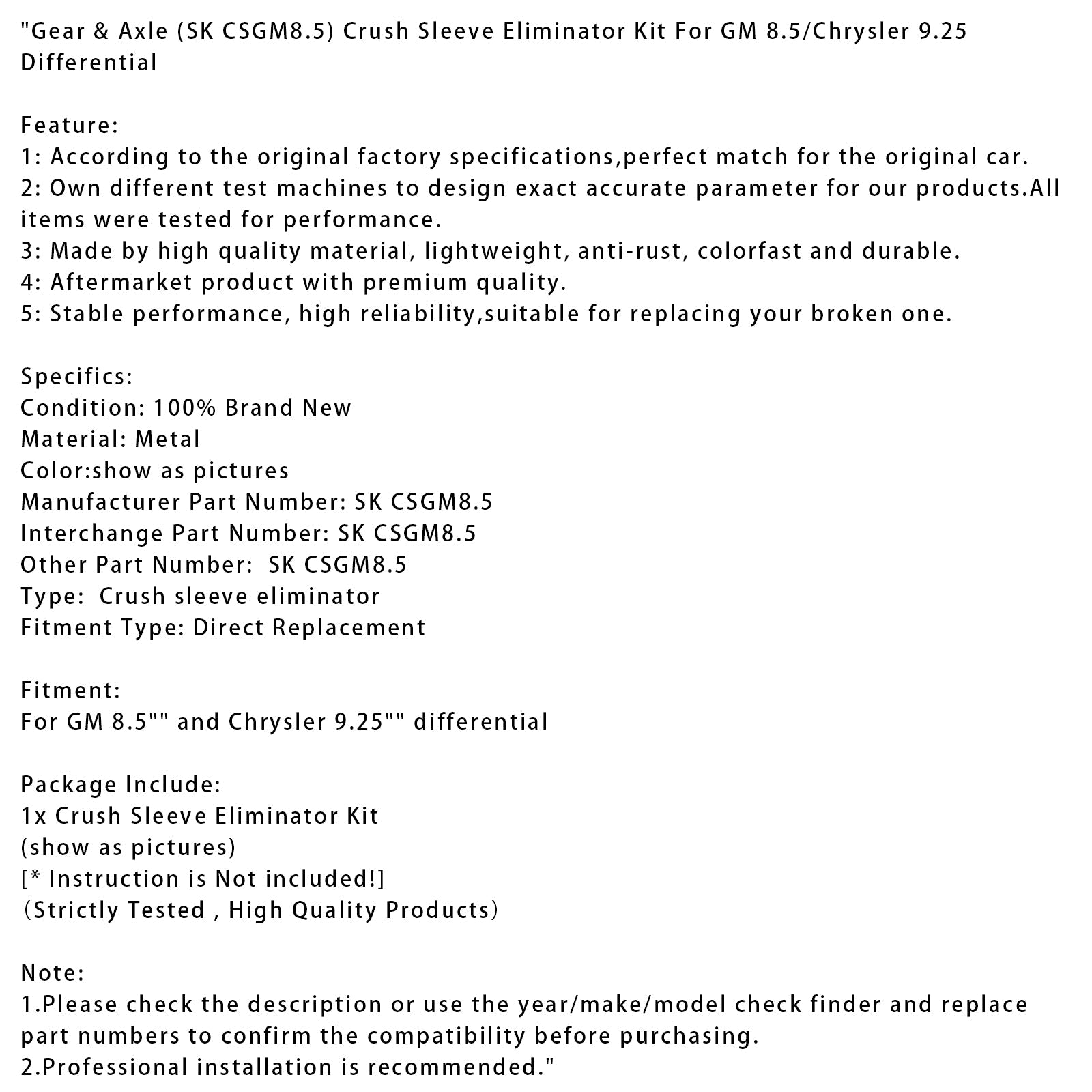 Komplet za odstranjevanje tulcev za zmečkanine zobnikov & Os (SK CSGM8.5) za diferencial GM 8.5